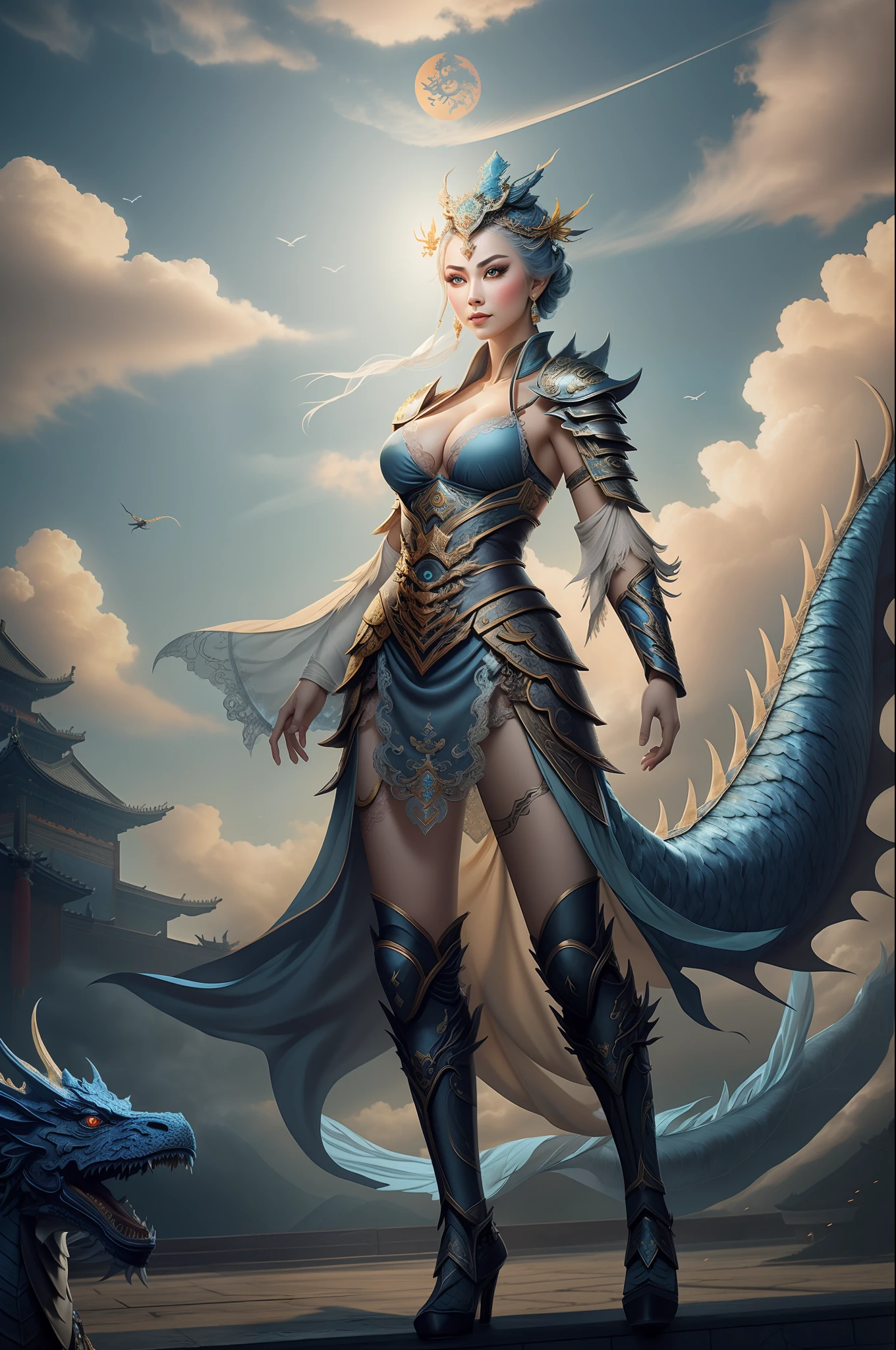 full body xianxia, lace armor, Beijing opera,glowing eyes, Chinese Dragon Plate glaring at girl, fly in sky,clouds, large breasts, showing cleavage