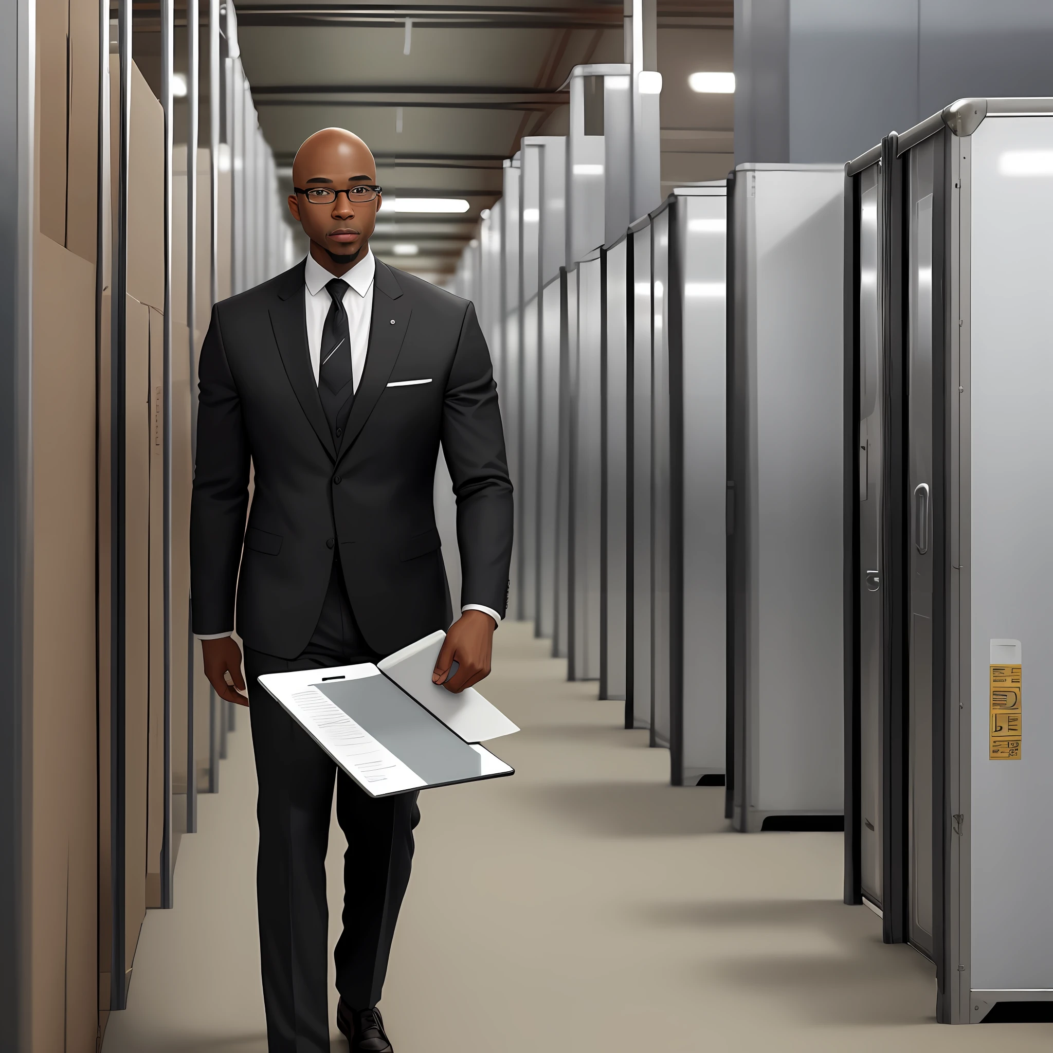 A well-dressed bald black man socially, with an average age of 43 wearing glasses with a clipboard in his hands, in a warehouse environment and trucks, screens demonstrating routes and graphics, him observing and guiding other white and black people as they work, realistic