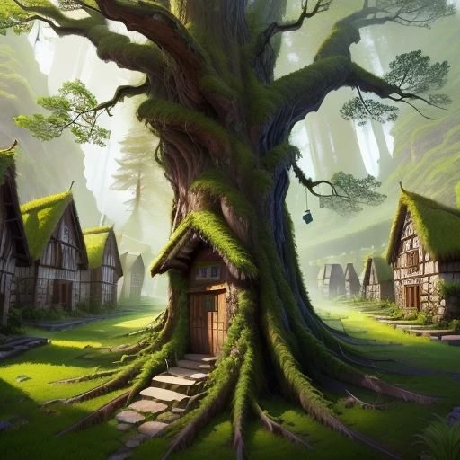Majestic tree log on which is a tiny town with many moss houses.