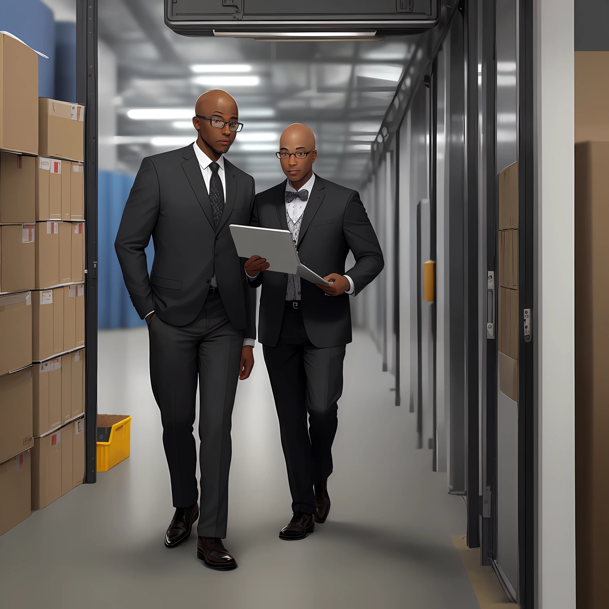 A well-dressed bald black man socially, with an average age of 43 wearing glasses with a clipboard in his hands, in a warehouse environment and trucks, screens demonstrating routes and graphics, him observing and guiding other white and black people as they work, realistic