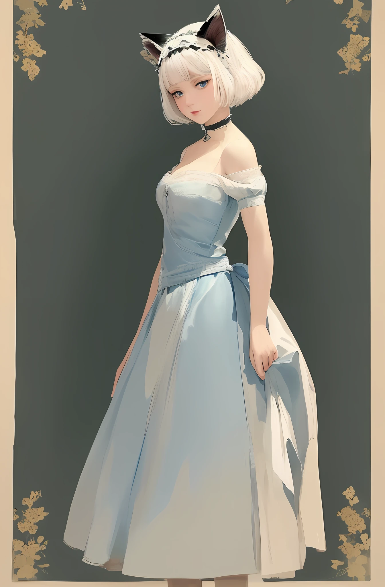 "Absolute masterpiece, high quality, exceptional illustration of a woman with short, white hair with light blue eyes, cat ears, wearing a maid's dress with a deep neckline in the 1920s that exudes cuteness. Perfect for high-resolution background."