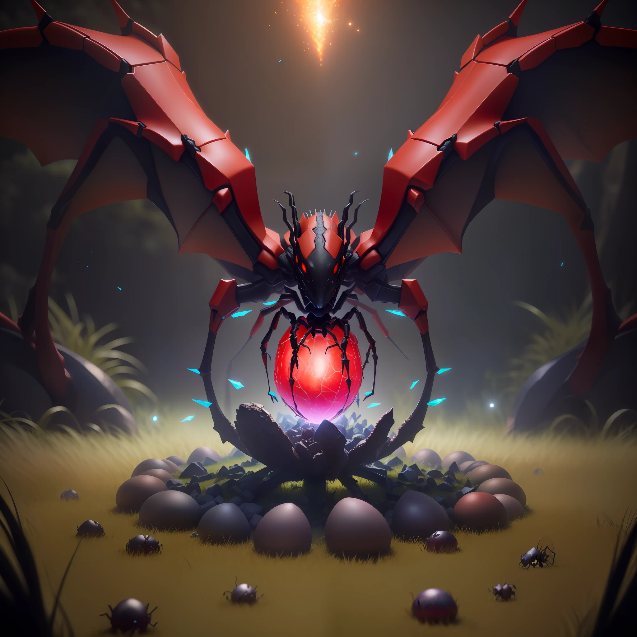 red spider sitting on an old magic dragon egg on the ground, around ants and grass and fireflies, 3D rendering, dark neon, crystal, anthill, detailed, ultra quality, photorealistic, 3D rendering, 16:9, magic theme