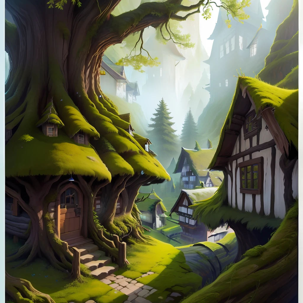 Majestic tree log on which is a tiny town with many moss houses.