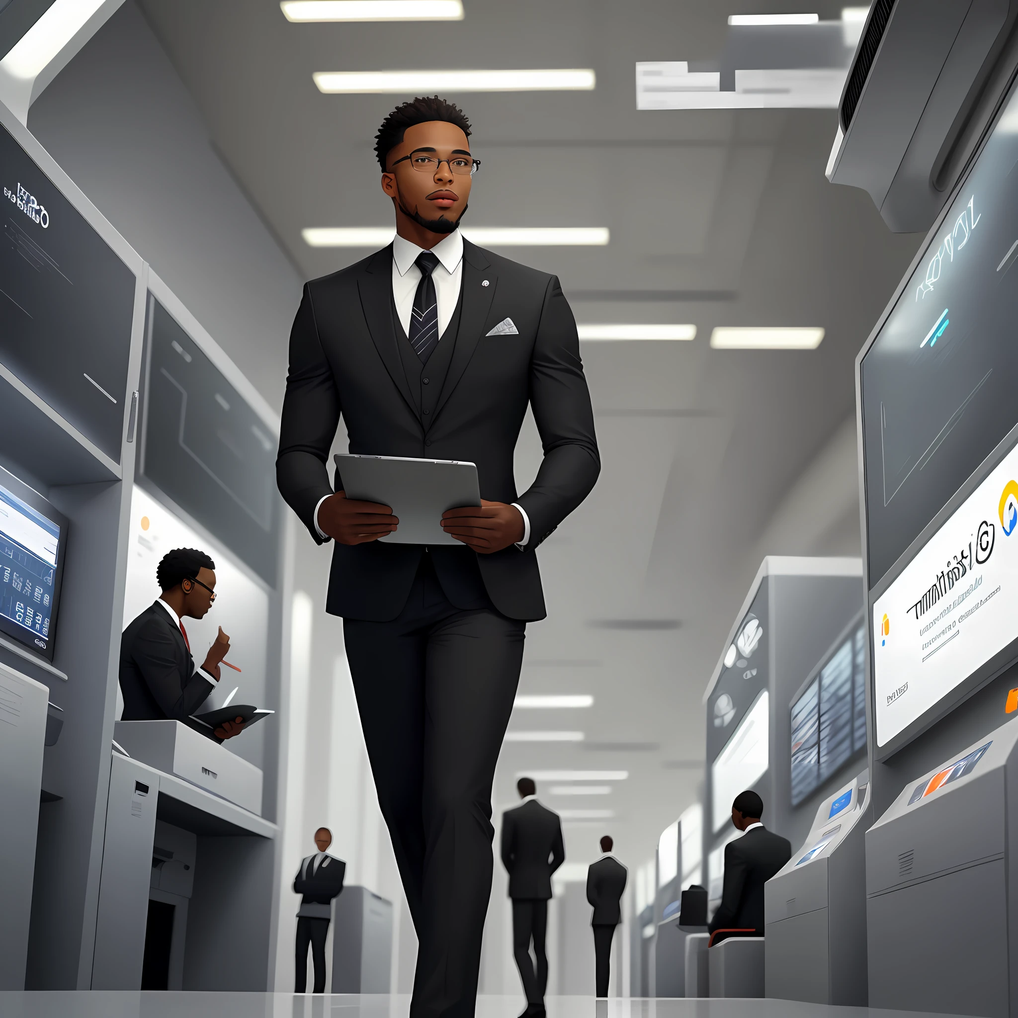 A well-dressed black man socially, with a clipboard in his hands, in a futuristic stock environment, watching while other people work, realistic