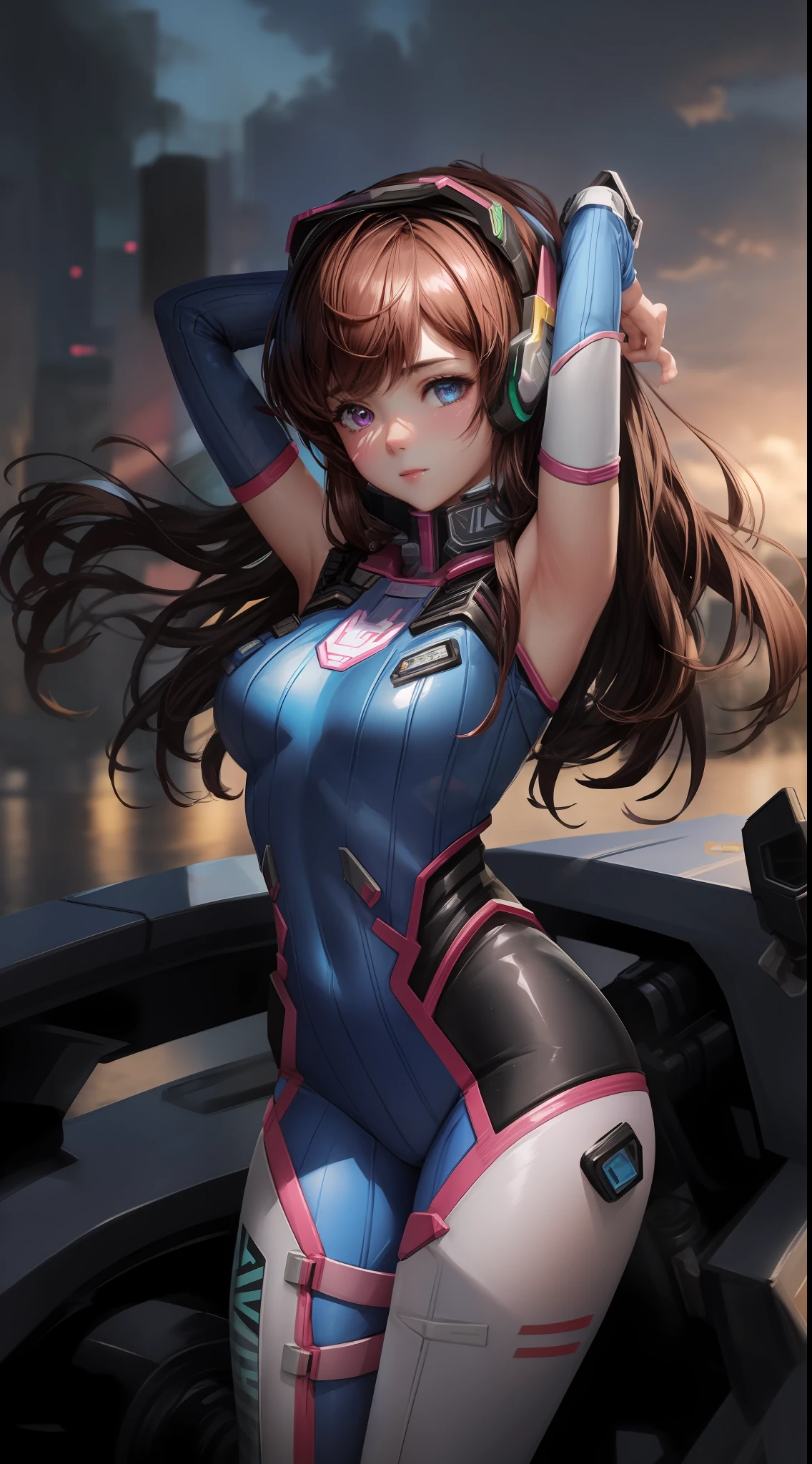 Masterpiece, Best Quality, High Resolution, 1girl, Super High Resolution, Solo, Mech Pilot, D.VA, Headphones, Pink Eyes, Blue Tights, Brown Hair, White Gloves, Cat Face Adornament,