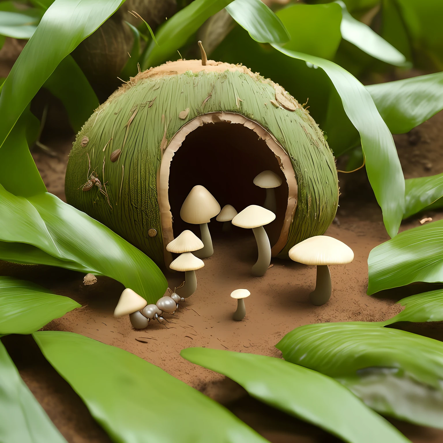 Please generate a visually striking image resembling a lifelike 3D artwork of an ant hill. Use a single whole brown coconut shell, representing the distinct shape, texture, and coloration of a real coconut, as the central element. Position the coconut shell upright on a flat surface to accurately depict the structure of an ant hill. Arrange loose leaves, varying in size, shape, and shades of green, meticulously around the coconut shell to emulate a natural forest floor. Place small mushrooms near the ant hill, ensuring they blend seamlessly with the composition. Please prioritize the faithful representation of the coconut shell and the overall appearance of an authentic ant hill.