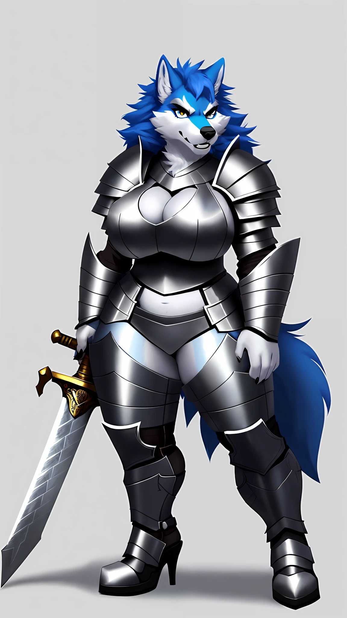 (Wolf), (blue fur), antro, (wearing breastplate armor), two toned fur, (wearing armor leggings), high detail, , white belly, high resolution, raw photo, gray background, cleavage, 1girl, solo, big breasts, high quality, hi res, sharp, detailed body, detailed, cartoony, (((holding iron sword, two handed))), ((looking at viewer)), chubby, (wide hips). thick thighs, (angry), mad, buff