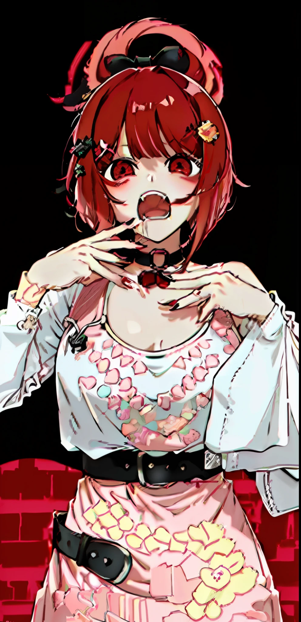 red hair,girl, open mouth, looking at viewer, messy hair, red eyes, (media breast:1.3),black shirt, black belt, black neclea, red ribbon, black choker, ( 1girl, solo, looking at viewer, open mouth, hair ornament, upper body, teeth, nail polish, fangs, bandaid on arm, :1.2)