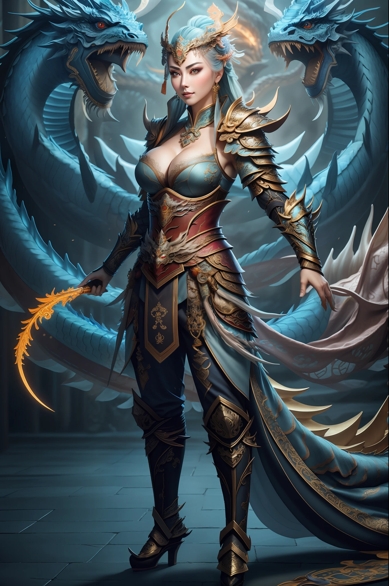 full body xianxia, lace armor, Beijing opera,glowing eyes, Chinese Dragon armor, large breasts, showing cleavage
