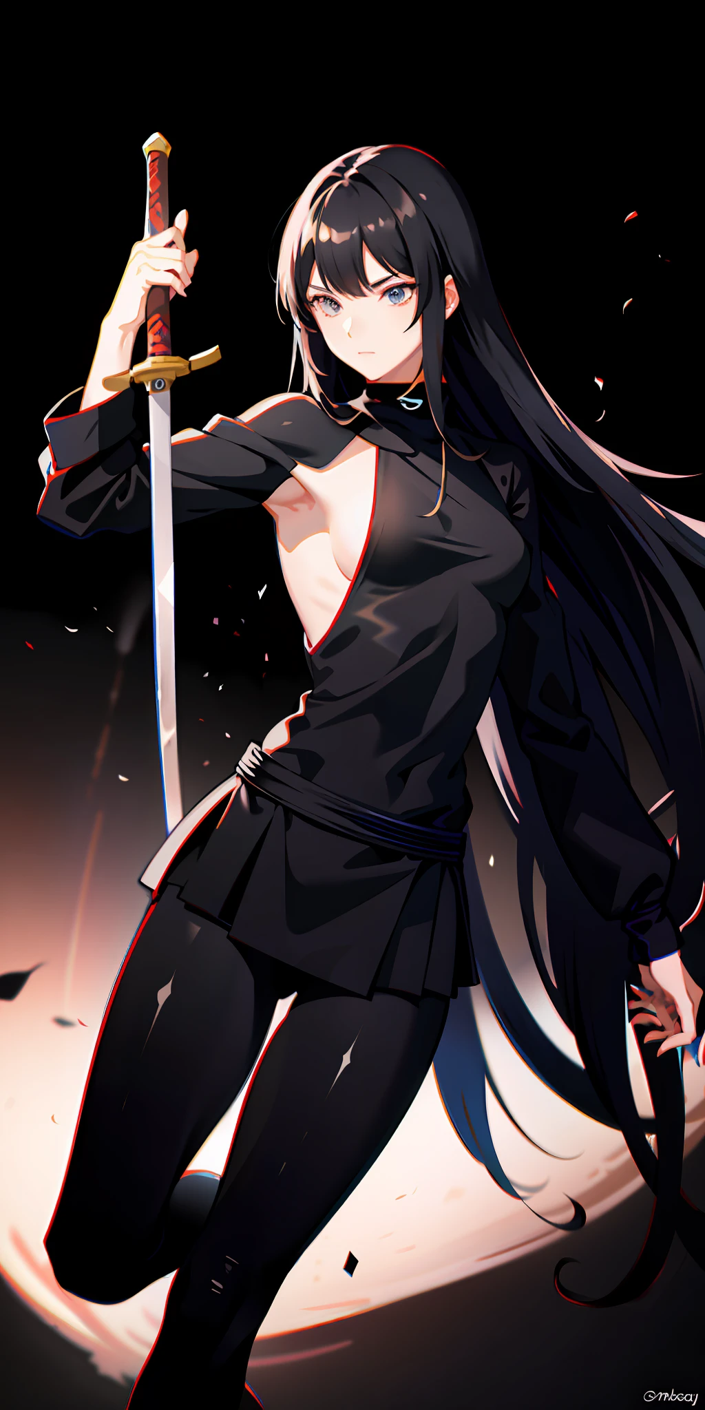 A ninja with long hair, holding a sword