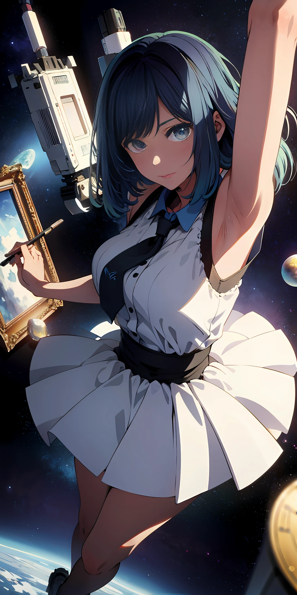 absurd res, high res, (masterpiece:1.4), ultra-detailed, 1girl, from above, space, floating