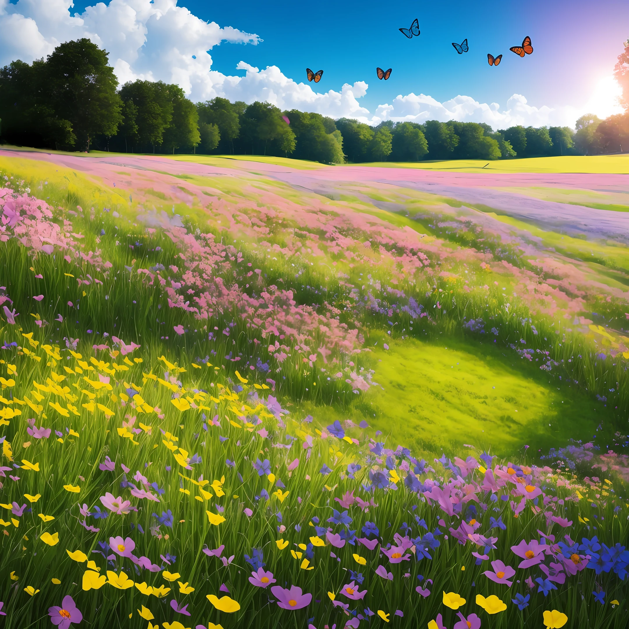 A colourful spring meadow with flowers and butterflies. Majestic lights