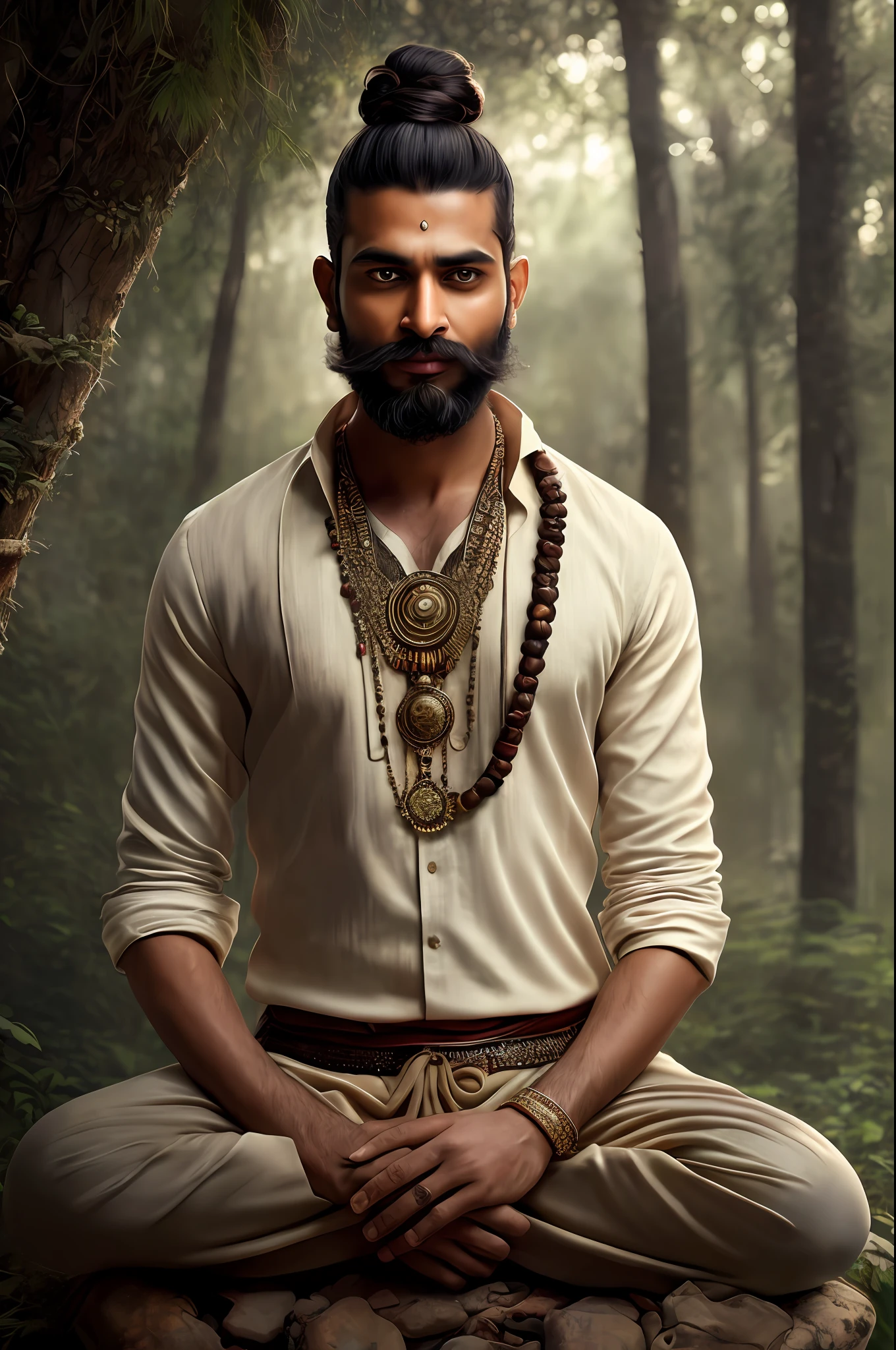 Photo portrait of abhinavagupta sitting in meditation, male, black haired man with bun on top of head with rudraksha seeds, beard and mustache, natural skin texture, 24mm, 4k textures, soft cinematic light, adobe lightroom, photolab, (detailed eyes: 1.1), best quality, illustration, (detailed lighting: 1.2), (beautiful detailed brightness: 1.3), white Indian shirt and pants, Intricate, digital painting, smooth, sharp focus, realistic epic, (HDR:1.4), (muted colors:1.4), neutral colors, night, refractions of screen space, (intricate details, hyperdetailed:1.3), cinematic photo, vignette, background in a forest