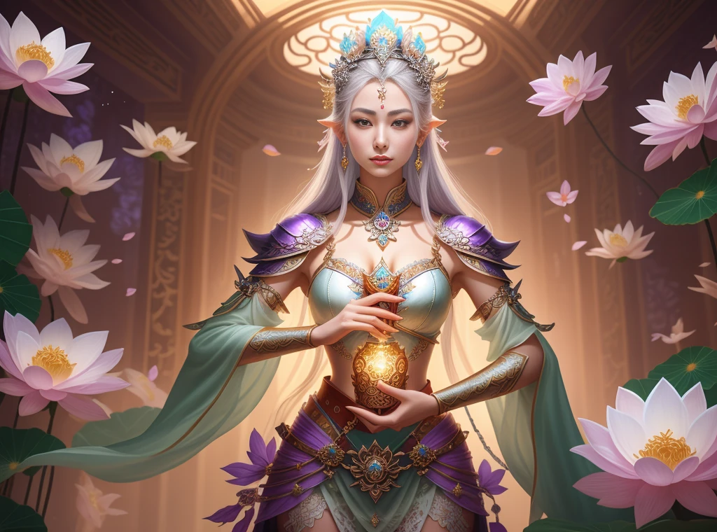 a close up of a woman in a sexy transparent white gold low-cut lace armor cleavage breasts with a lotus flower in her hand, head jewelry, violet necklace, jade belt , toned abs, a beautiful fantasy empress, ((a beautiful fantasy empress)), beautiful celestial mage, beautiful character painting, full body xianxia, portrait knights of zodiac girl, by Yang J, g liulian art style, fantasy art style, foreshortening