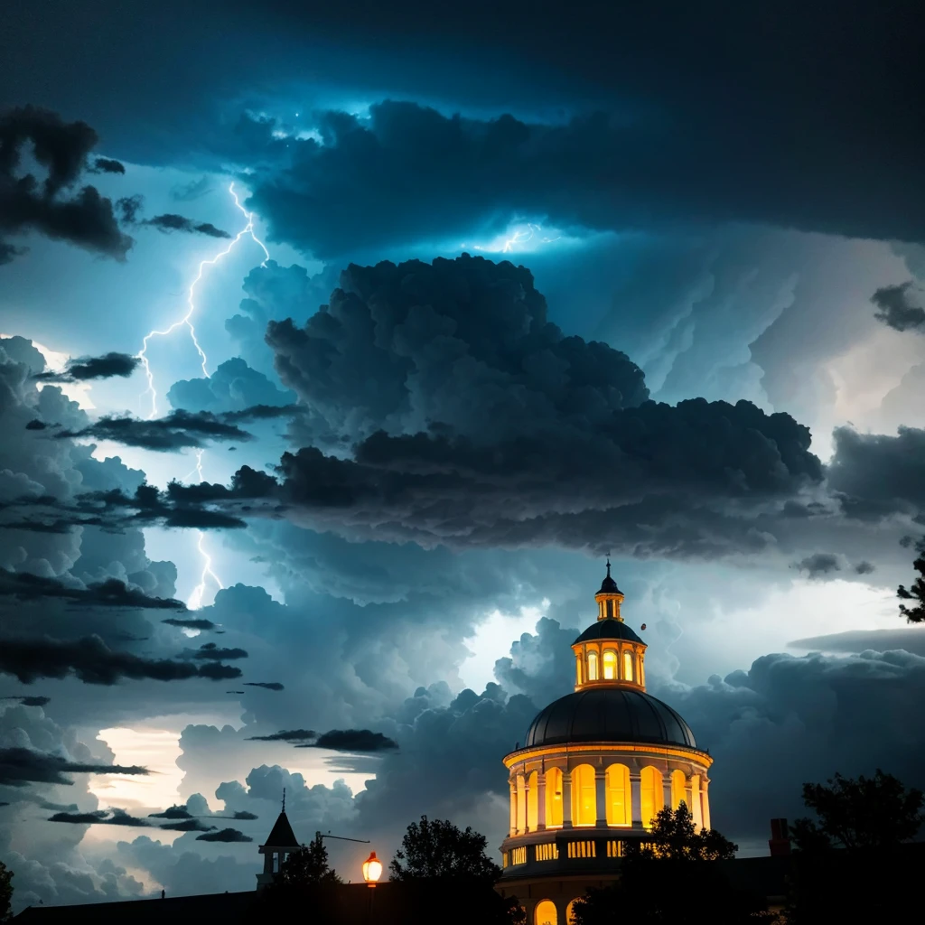 [A stormy night where lightning crosses, in an eerie atmosphere, when humans and demons are in a confrontation, buildings in stormy weather, colors in the arc (lightning: 1.2), into the dark night sky]