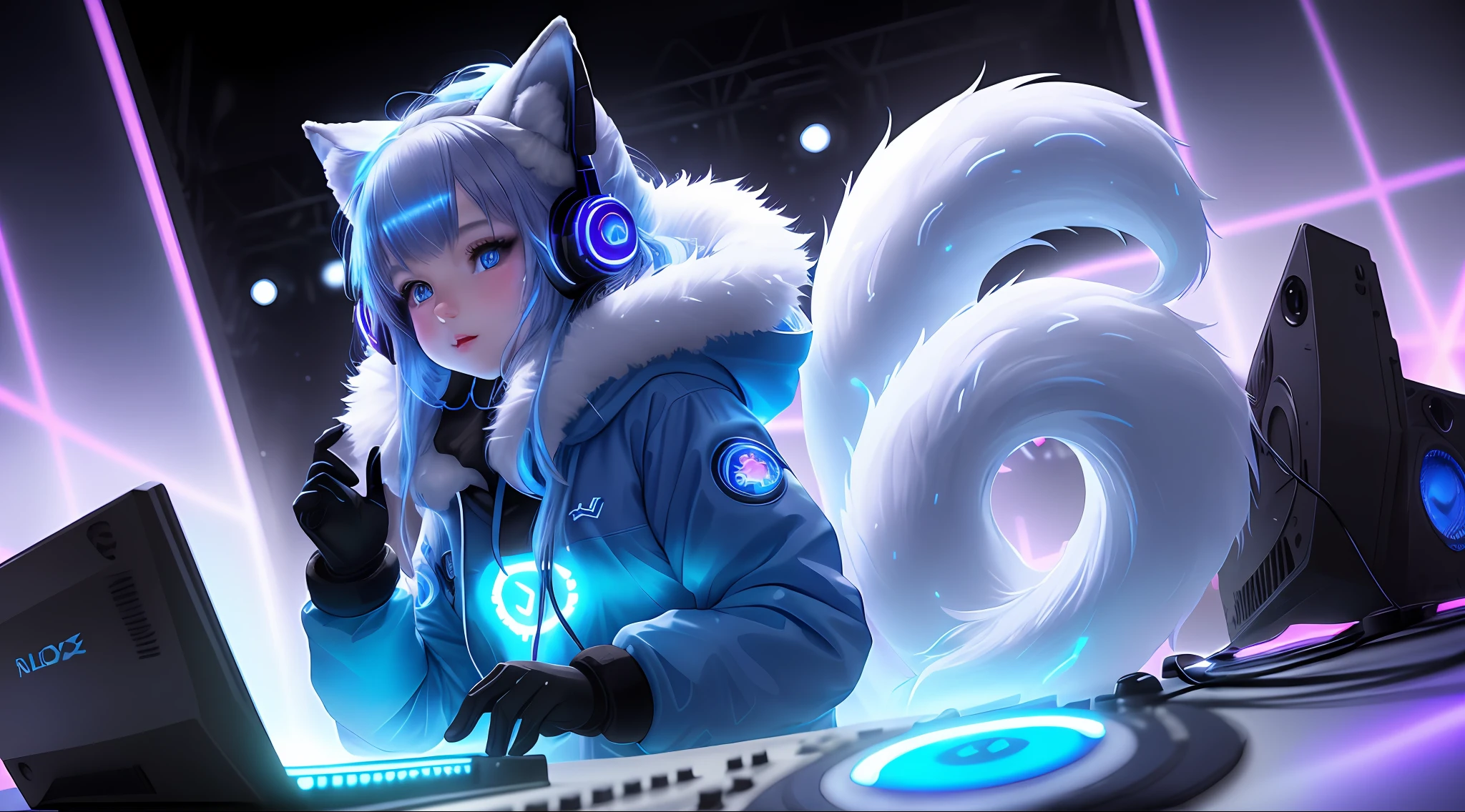 "An amazing masterpiece of a young girl snow fox DJ with deep blue fur (including ears and tail), glowing RGB lights and neon accents. She wears earphones as she plays hardstyle music, and her name is Snow. The entire scene exudes a unique and electric energy that matches the snow fox's glowing colors."