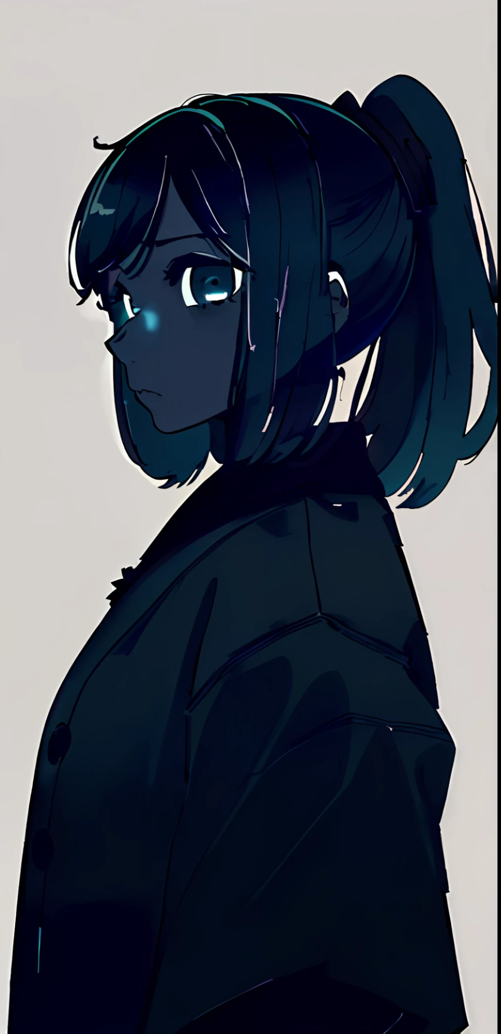 1girl, solo, thoughtful, thinking, heaviness, hard choice, abstraction, emotions, torment, guilt, closer view, looking at viewer, ponytail, blood, knife, small pupils, ((blue and black colors)), ((blue and black palette)), (((noir))), (((noir style)),