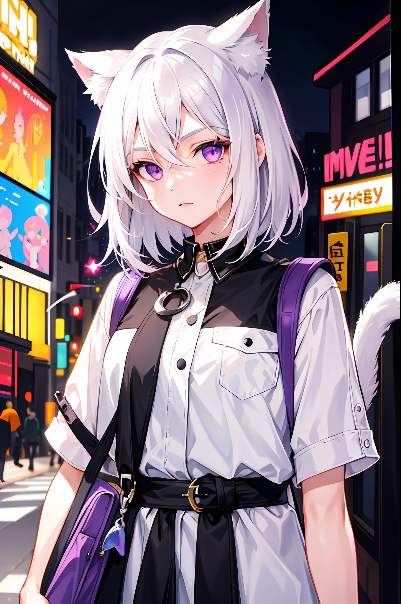 1girl, beautiful girl, short white hair, cat ears, comma hair, comma hair on forehead, street style, bright, purple eyes, looking at viewer, upper body, megazine cover, Best quality, spectacular