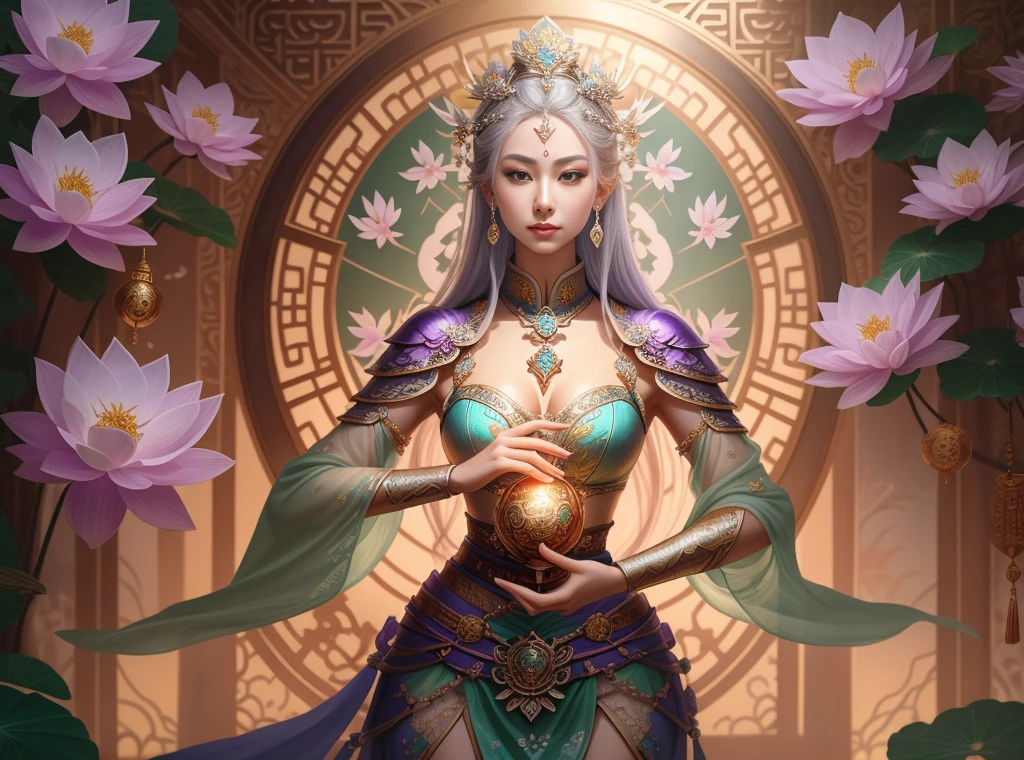 a close up of a woman in a sexy transparent white gold low-cut lace armor cleavage big breasts with a lotus flower in her hand, head jewelry, violet necklace, jade belt , toned abs, a beautiful fantasy empress, ((a beautiful fantasy empress)), beautiful celestial mage, beautiful character painting, full body xianxia, portrait knights of zodiac girl, by Yang J, g liulian art style, fantasy art style, foreshortening