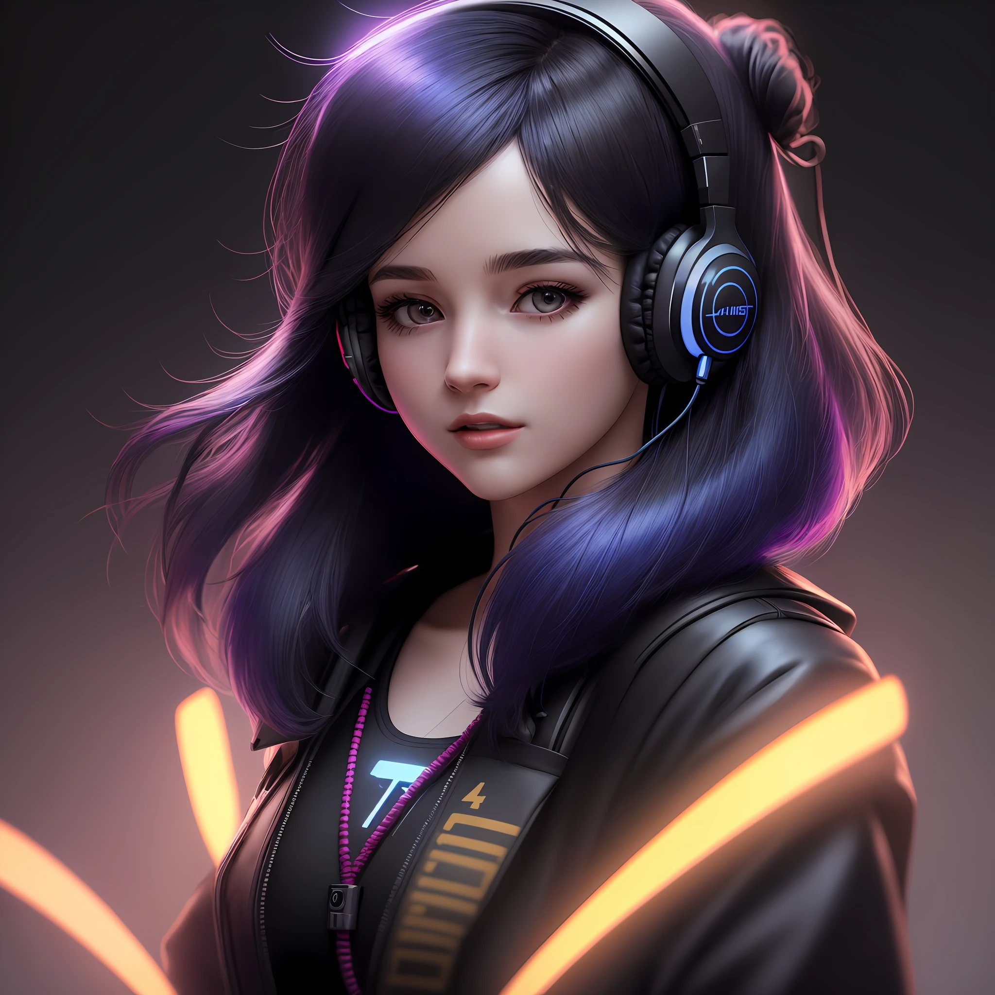 woman, headphone mic headphones with a black background, octane render, —ar 4:5, colored inner hair, backlighting, 35mm, 4k