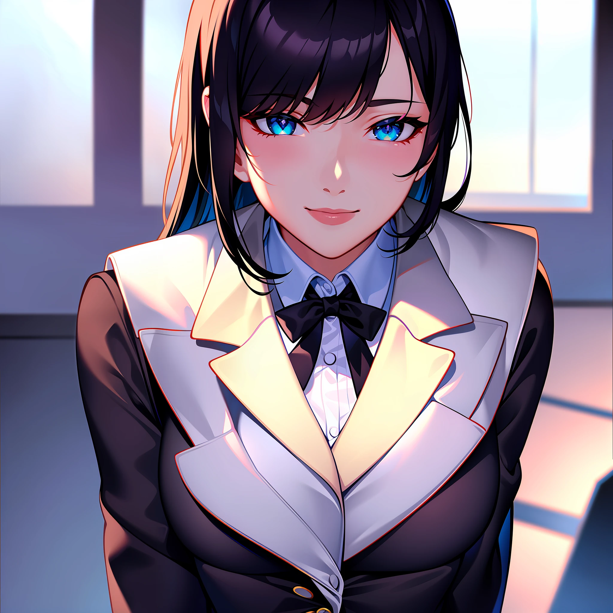 (masterpiece:1. 0), (best quality:1. 4), (ultra highres:1. 2), (photorealistic:1. 4), (8k, RAW photo:1. 2), (soft focus:1. 4), 1 woman, posh, (sharp focus:1. 4), Motoko Kusanagi, detailed beautiful face, black hair, (detailed open blazer:1. 4), tie, beautiful white shiny humid skin, smiling