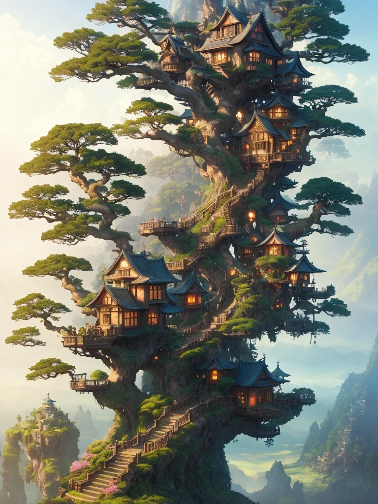 there is a tree house on a hill with stairs leading to it, a matte painting inspired by Studio Ghibli, trending on Artstation, fantasy art, bonsai tree house, fantasy matte painting，cute, ross tran. scenic background, tree house, beautiful render of a fairytale, made of tree and fantasy valley, fantasy house, cyberpunk tree house, treehouse