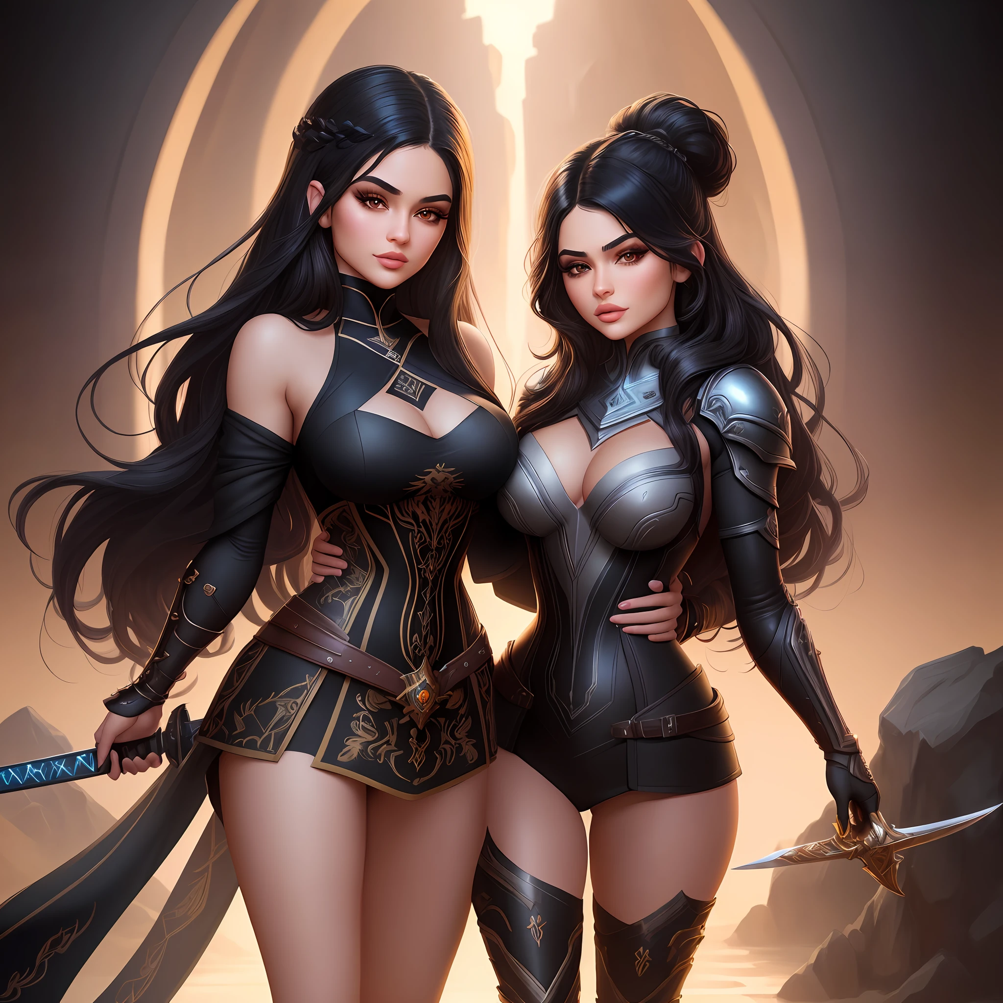 ultra detailed kylie jenner with a detailed sword in extremely detailed illustration looking down, very detailed five finger hands, by Eva Widermann and artgerm, detailed body anatomically correct, ultradetailed face, black pupil, ultra detailed battleground background, complementary colors, fantasy concept art, 8k resolution, league of legends digital art, oil painting, soft tetrad colors, well done color gradient, full head, lovely illustration, showing full head, keep proportions, best quality,