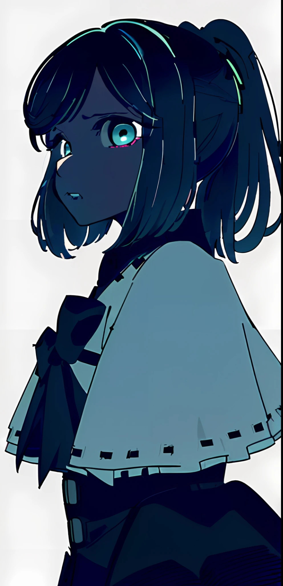1girl, solo, thoughtful, thinking, heaviness, hard choice, abstraction, emotions, torment, guilt, closer view, looking at viewer, ponytail, blood, knife, small pupils, ((blue and black colors)), ((blue and black palette)), (((noir))), (((noir style)),