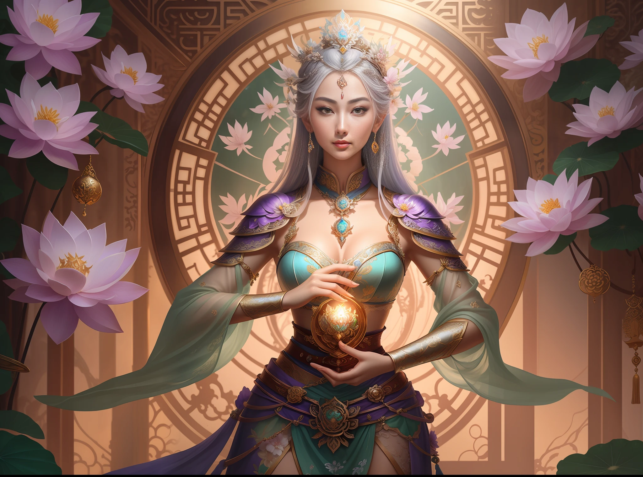a close up of a woman in a sexy transparent white gold low-cut lace armor cleavage big breasts with a lotus flower in her hand, head jewelry, violet necklace, jade belt , toned abs, a beautiful fantasy empress, ((a beautiful fantasy empress)), beautiful celestial mage, beautiful character painting, full body xianxia, portrait knights of zodiac girl, by Yang J, g liulian art style, fantasy art style, foreshortening