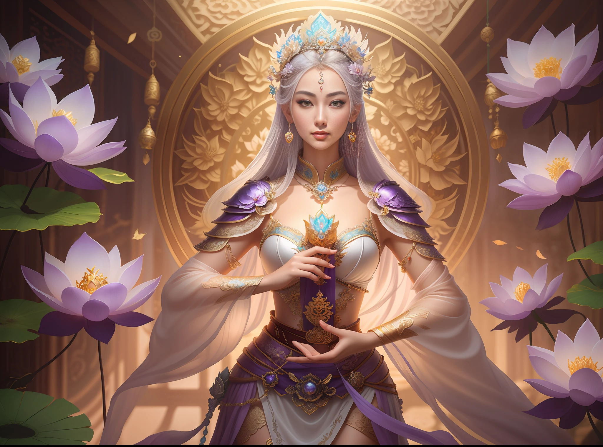 a close up of a woman in a sexy transparent white gold low-cut lace armor cleavage big breasts with a lotus flower in her hand, head jewelry, violet necklace, jade belt , toned abs, a beautiful fantasy empress, ((a beautiful fantasy empress)), beautiful celestial mage, beautiful character painting, full body xianxia, portrait knights of zodiac girl, by Yang J, g liulian art style, fantasy art style, foreshortening