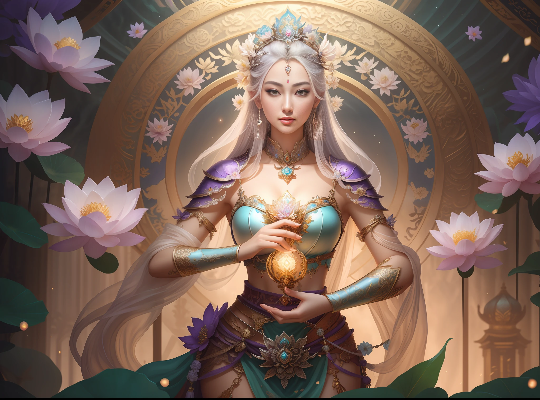 a close up of a woman in a sexy transparent white gold low-cut lace armor cleavage big breasts with a lotus flower in her hand, head jewelry, violet necklace, jade belt , toned abs, a beautiful fantasy empress, ((a beautiful fantasy empress)), beautiful celestial mage, beautiful character painting, full body xianxia, portrait knights of zodiac girl, by Yang J, g liulian art style, fantasy art style, foreshortening