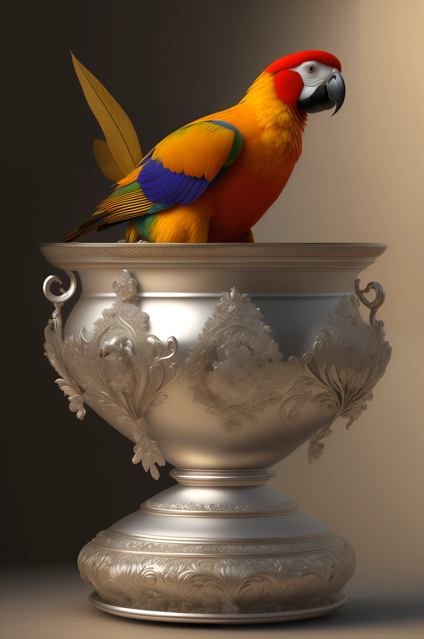 Luxury still life with colorful parrot and bright fruit in a silver bowl, in the style of Jan David de Heem, baroque concept design, complex filigree metal design, André-Charles Boullée, cinematic 4D rendering, soft textures, digital painting, rich 3D rendering, hyper-realistic painting, monochrome background, 8k, hd, high resolution, detailed, ultra-high resolution, high resolution, detail, masterpiece, premium photography, depth  sharpness, HDR, chromatic aberration, photorealism, very detailed, art trend, CGsociety trend, intricate, Midjourney v5