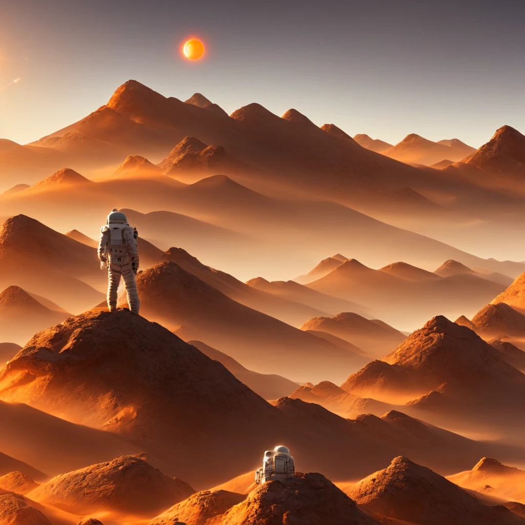 high quality digital art, gritty astronaut standing on top of a desert planet, mountains in the background, smoke in the background, orange hues, wide angle