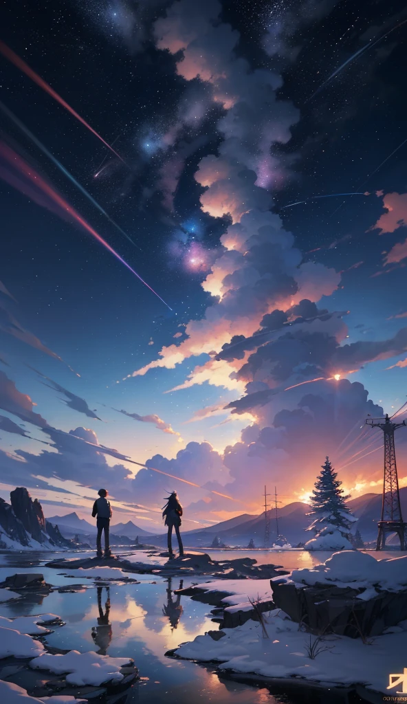 Two people standing on the rock looking at the sky and the anime scenery of the cosmic sky, Makoto Shinkai Cyril Rolando, beautiful anime scene, anime sky, anime art wallpaper 4 K, anime art wallpaper 4K, anime art wallpaper 8 K, anime beautiful peace scene, Makoto Shinkai style, 4k anime wallpaper
