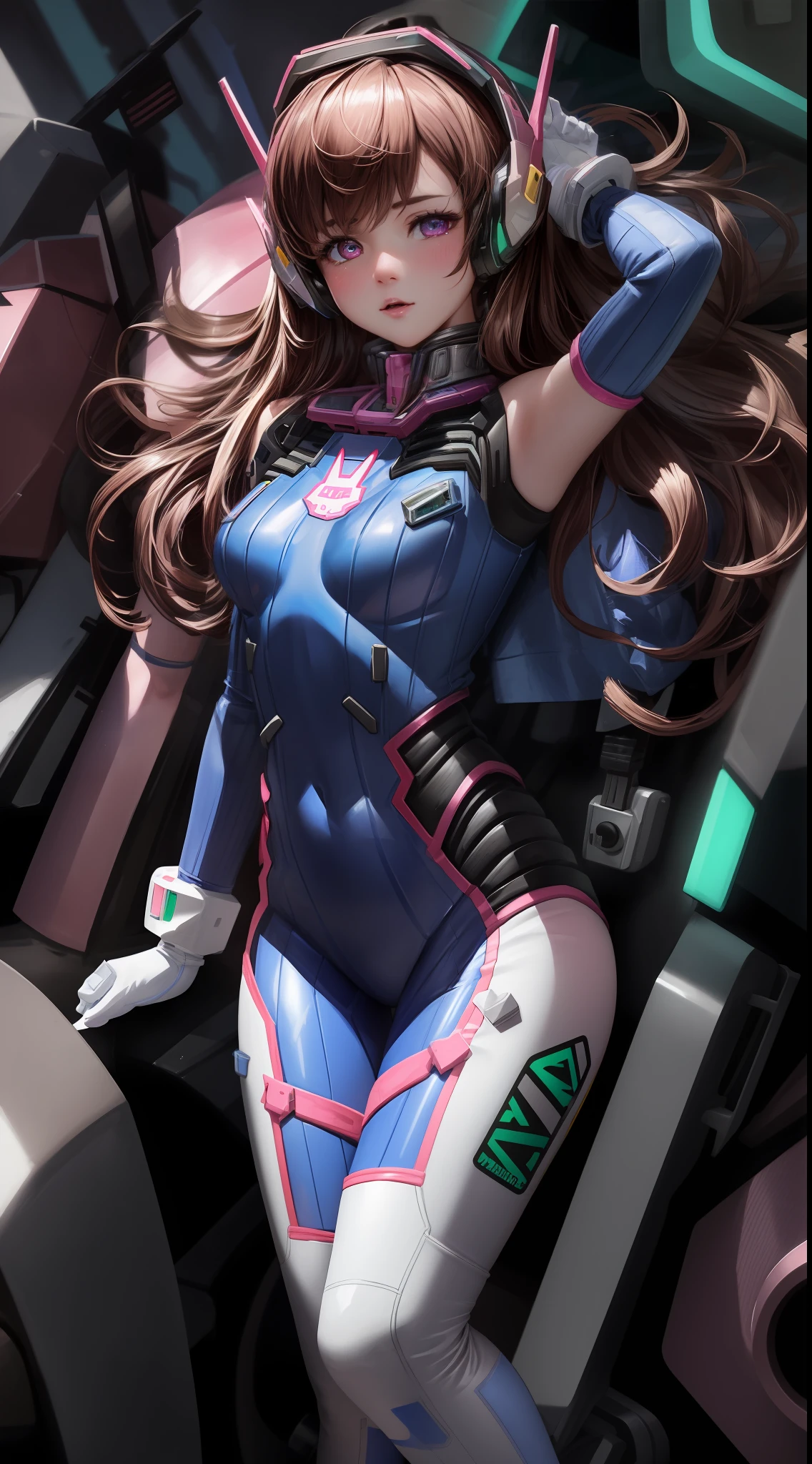 Masterpiece, Best Quality, High Resolution, 1Girl, Ultra High Resolution, Solo, Mecha Pilot, D.VA, Headphones, Pink Eyes, Cat Face Adorage, Blue Tights, Brown Hair, White Gloves, D.VA Logo Action