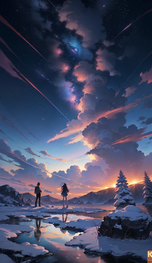 A couple standing on a rock kissing looking at the sky, anime scenery of cosmic sky, Makoto Shinkai Cyril Rolando, beautiful anime scene, anime sky, anime art wallpaper 4 K, anime art wallpaper 4K, anime art wallpaper 8 K, anime beautiful peace scene, Makoto Shinkai style, 4k anime wallpaper