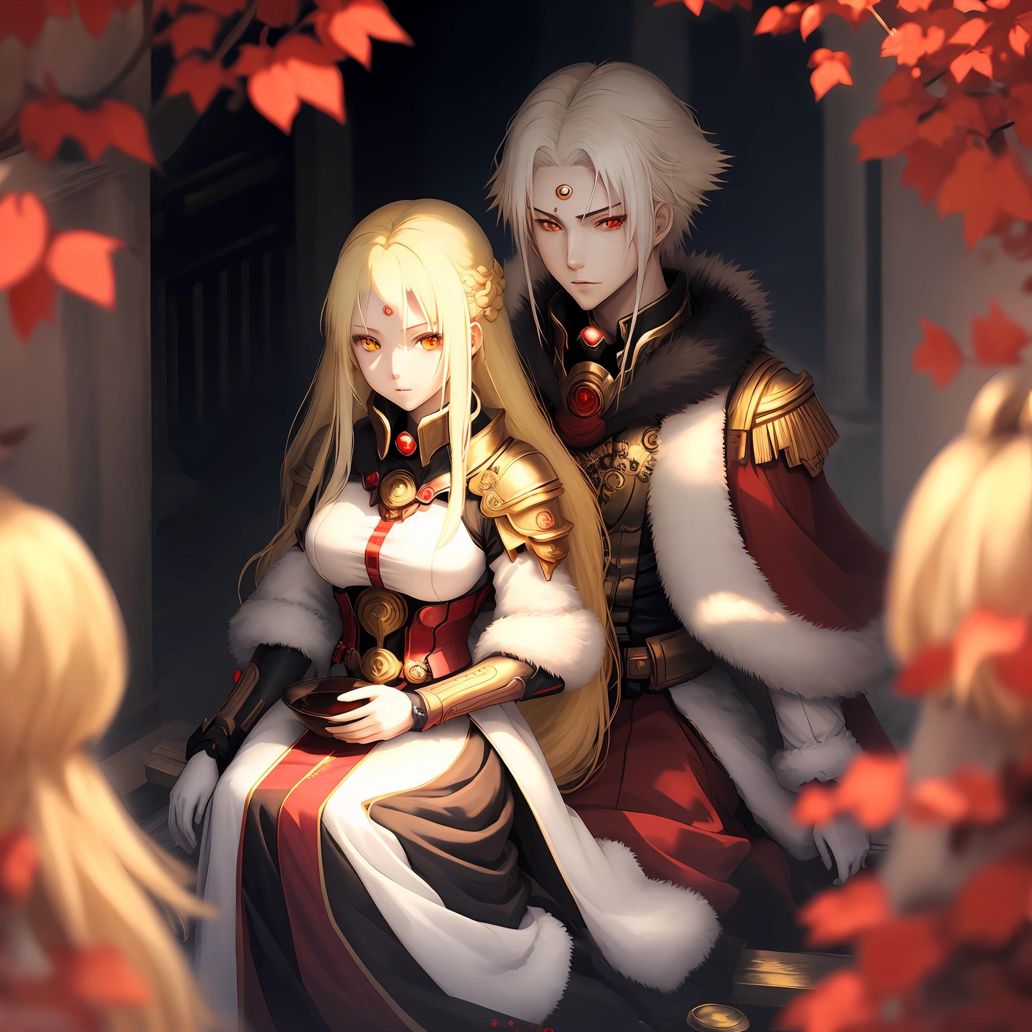 Female, flowing yellow hair, red eyes, empress, anime.