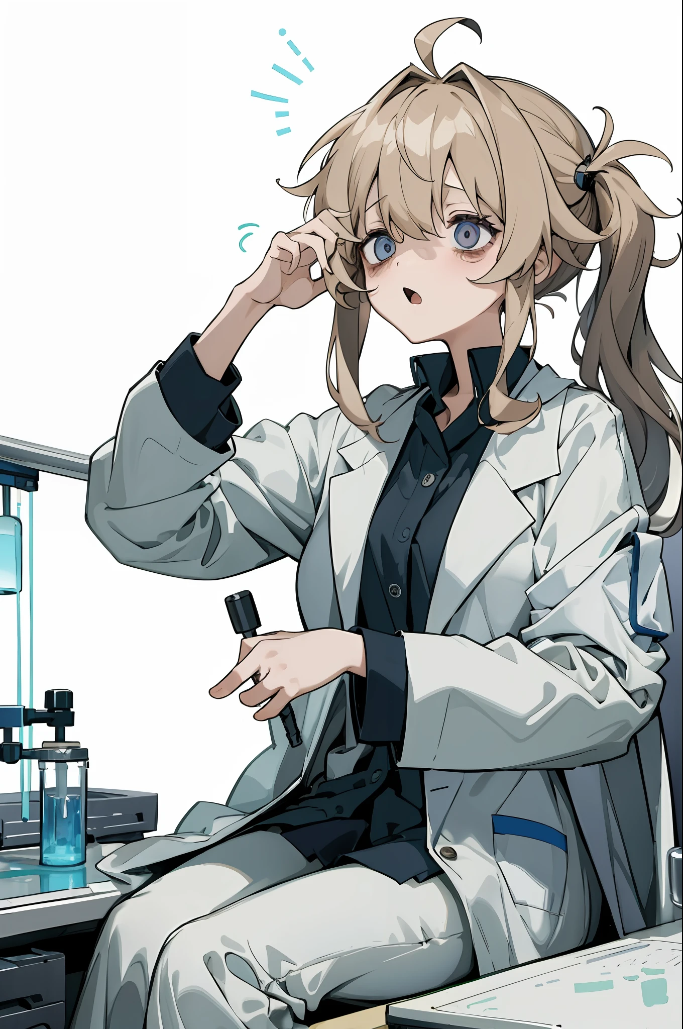 (masterpiece, best quality) long shot, detailed, 1girl, labcoat, messy hair, ahoge ,disheveled hair, laboratory background, tired eyes, yawning, sitting, dim volumetric lights
