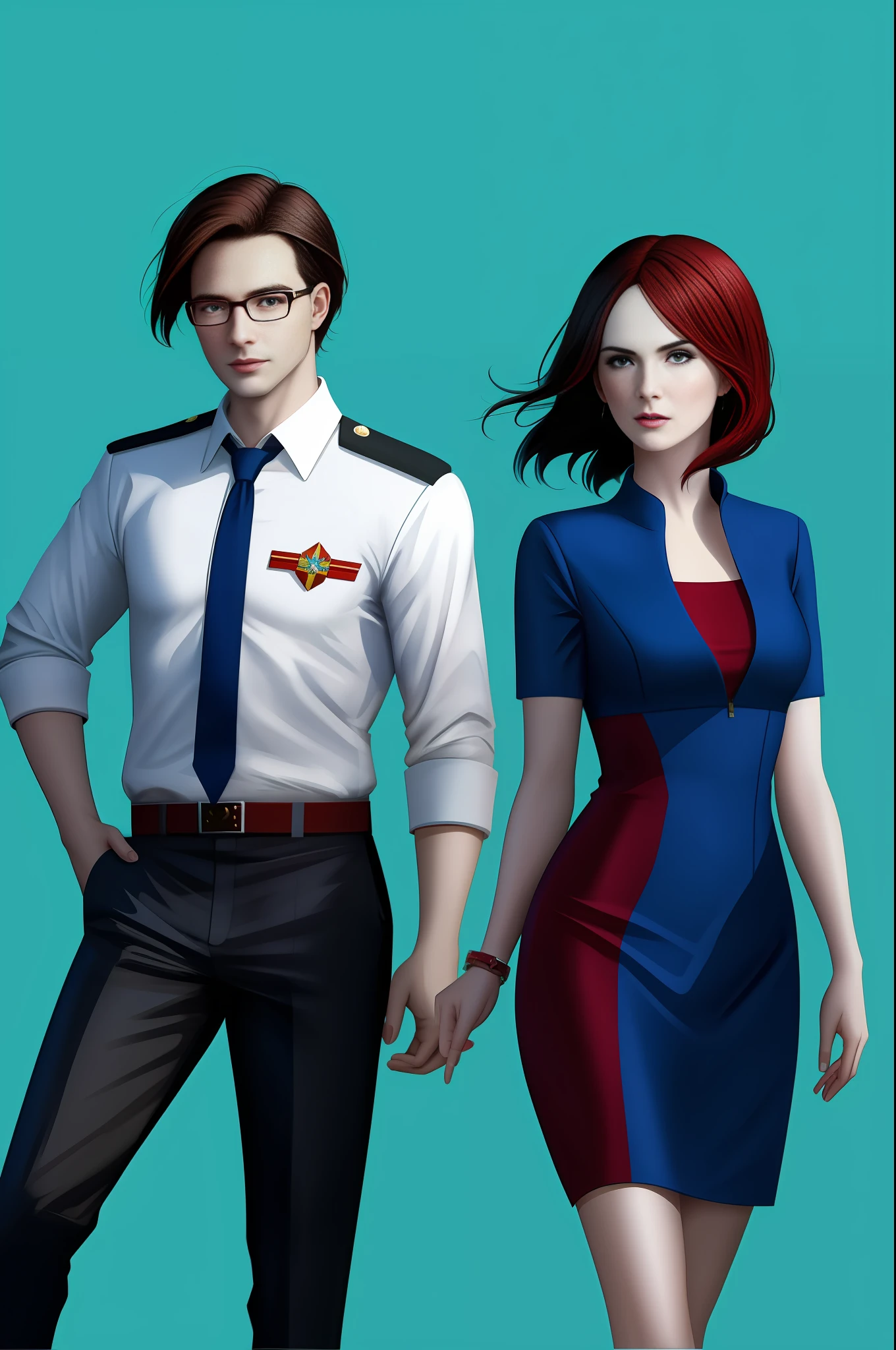 Michelle dockery in red-blue-red-dress, Jason butler harner as a pilot in glasses, background is blue sky with airplanes, 2d-style, digital, cartoon style, best quality,