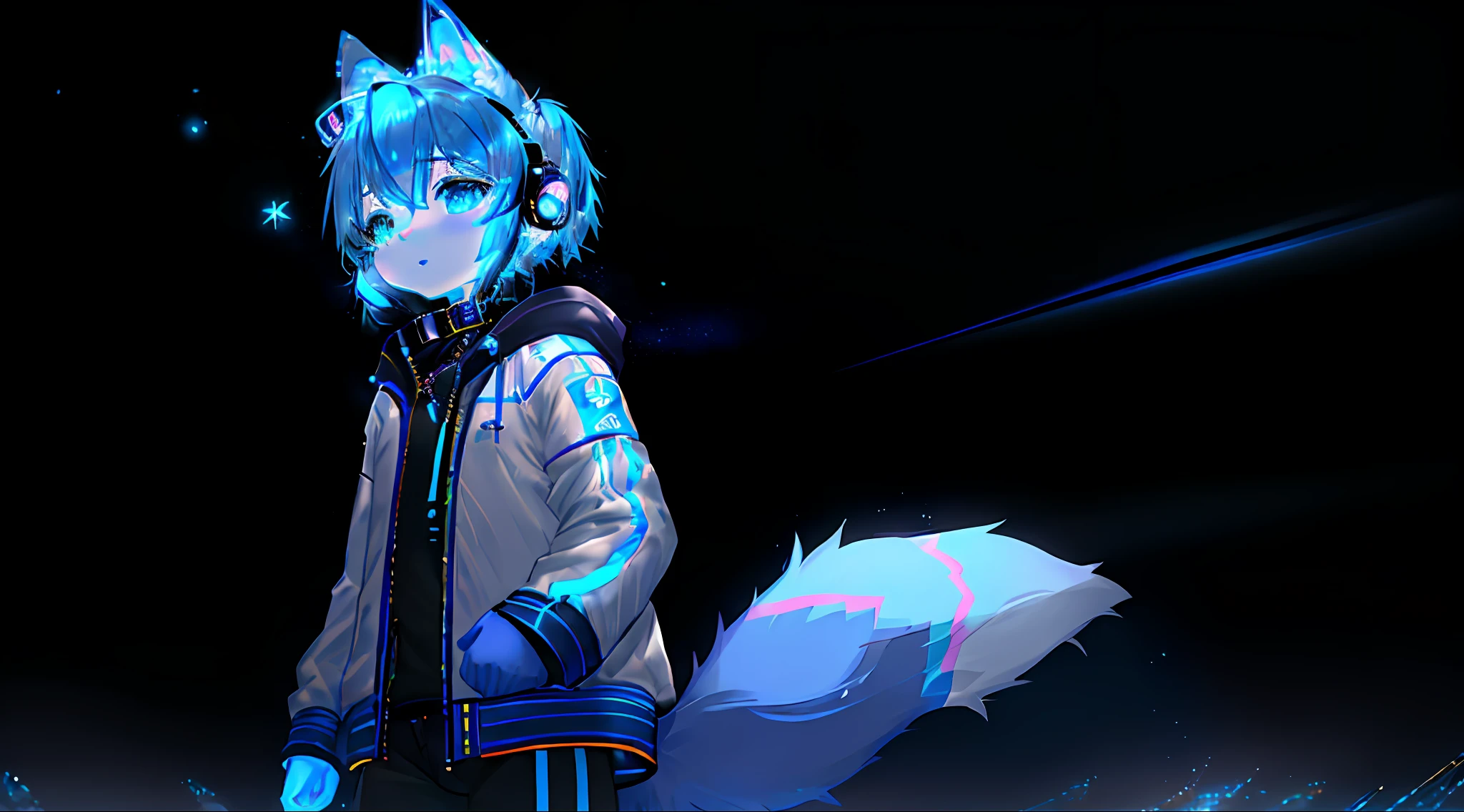 Snow fox(me), fur body, full body, earphones(color deep dark blue), deep dark blue(Snow fox), Neon(Snow fox), UWU, light(RGB), DJ, glow(light), 4 ear 2 tail, master piece, name(Snow), girl(young), jacket(deep dark blue), space time, soft, collar(star), flutty tail, character(Snow fox), 8K