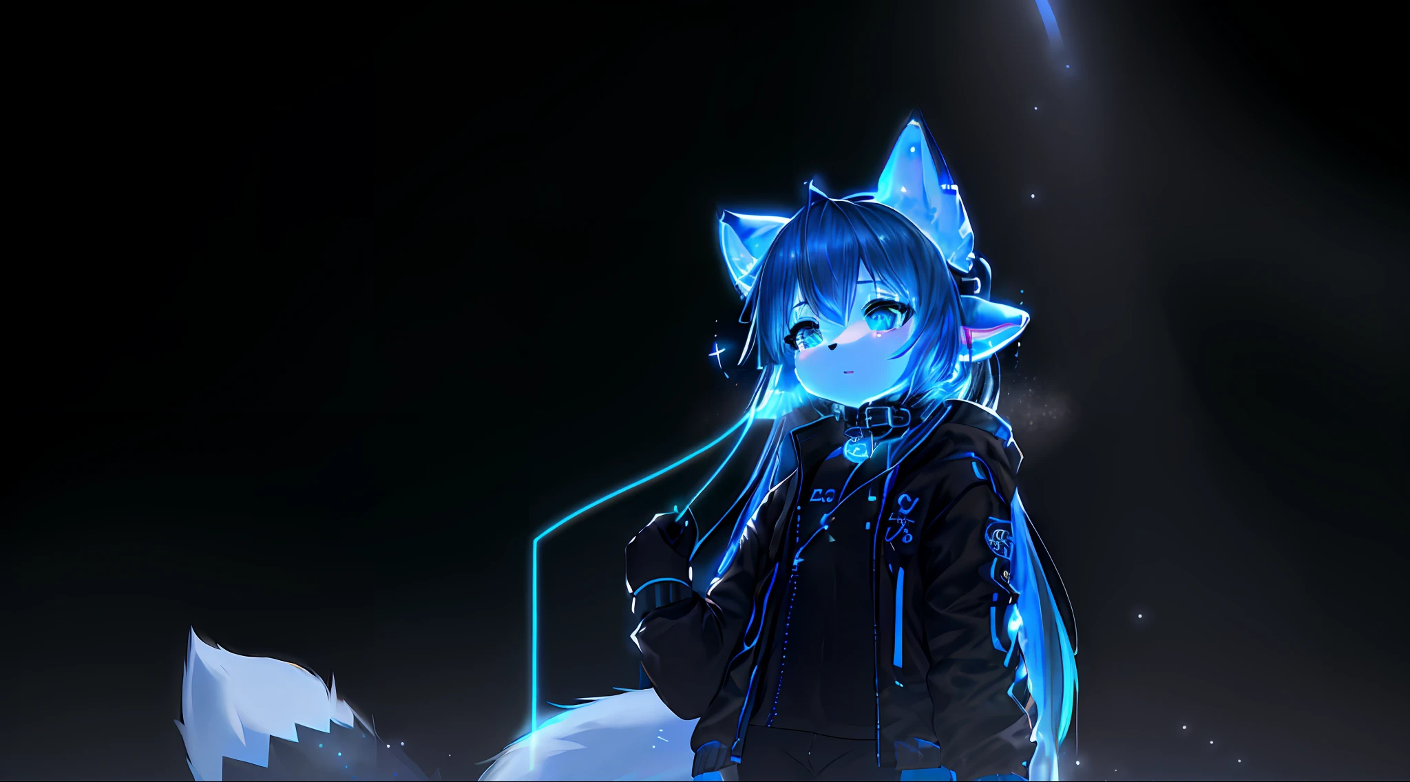 Snow fox(me), fur body, full body, earphones(color deep dark blue), deep dark blue(Snow fox), Neon(Snow fox), UWU, light(RGB), DJ, glow(light), 4 ear 2 tail, master piece, name(Snow), girl(young), jacket(deep dark blue), space time, soft, collar(star), flutty tail, character(Snow fox), 8K