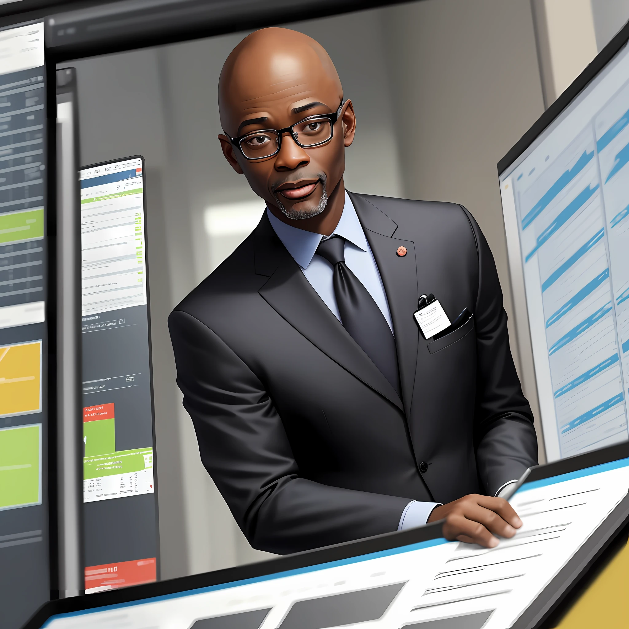 A well-dressed bald black man socially, with an average age of 43 wearing glasses with a clipboard in his hands, in a stock environment, screens demonstrating routes and graphics, realistic