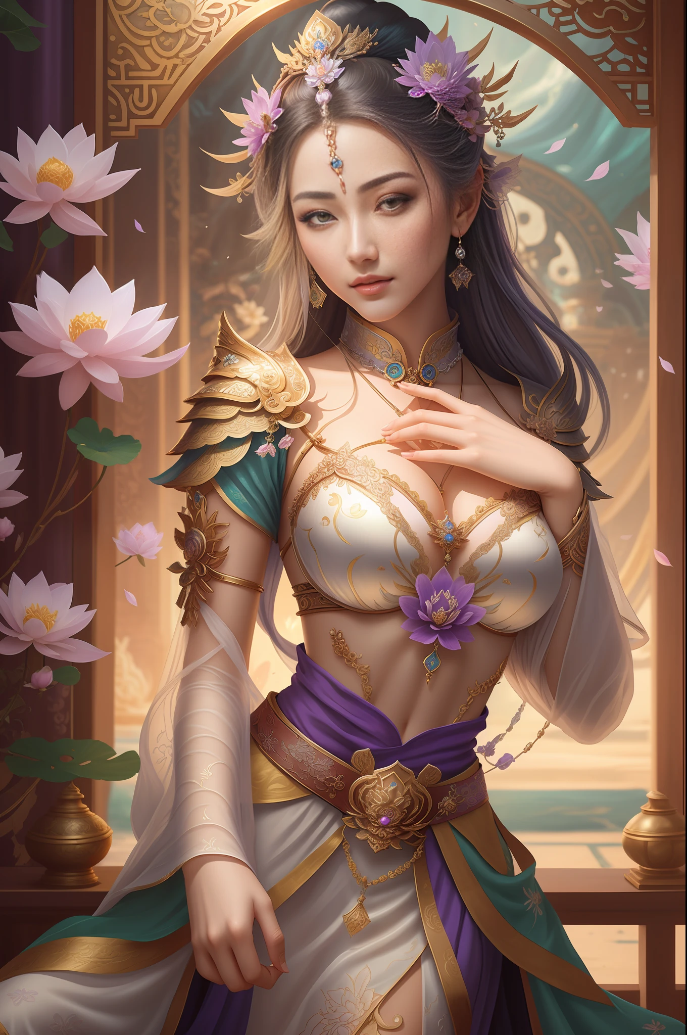 a close up of a woman in a sexy transparent white gold low-cut lace armor cleavage big breasts with a lotus flower in her hand, head jewelry, violet necklace, jade belt , toned abs, a beautiful fantasy empress, ((a beautiful fantasy empress)), beautiful celestial mage, beautiful character painting, full body xianxia, portrait knights of zodiac girl, by Yang J, g liulian art style, fantasy art style, foreshortening