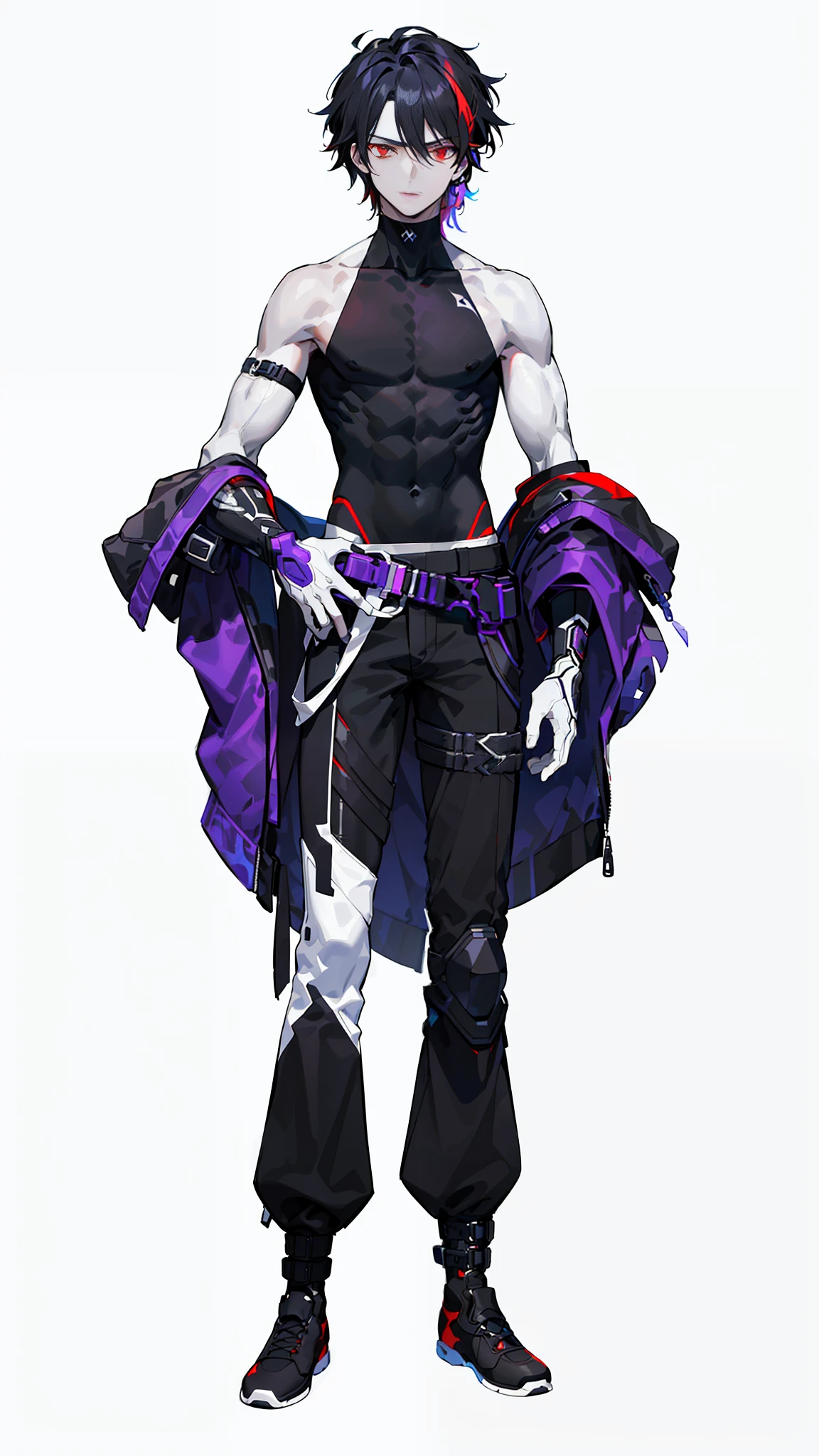 cyberpunk male, dark background, clean design, colorful paint splash, silhouette, ultra-detailed intricate details, complementary colors, masterpiece, (((handsome young man))), ((teenage: 1.5)), ((red eyes)), (short brunet: 1.1))), ((black), black hair, ((pectoral muscles) purple pick dye (white skin) high quality 4k masterpiece