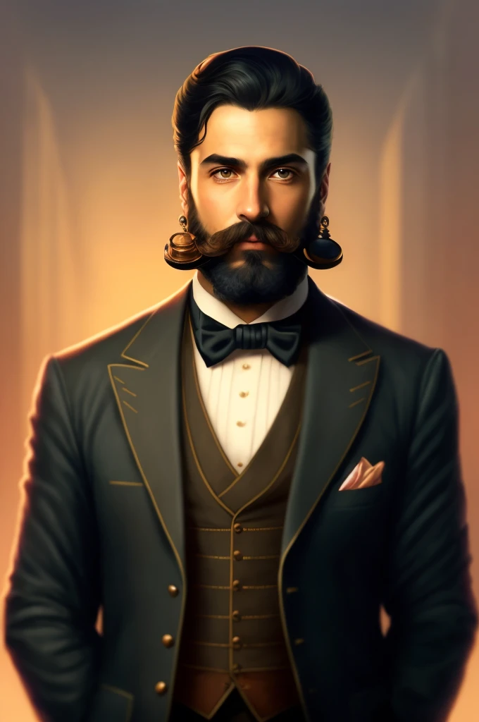 there is a man with a beard and a suit and bow tie, epic and classy portrait, epic portrait illustration, stylized portrait formal pose, dapper, dignified aristocrat, detailed character portrait, steampunk male portrait, stylized portrait, character art portrait, handsome man, elegant digital painting, clothed in ancient suit, a portrait of the character, epic character portrait
