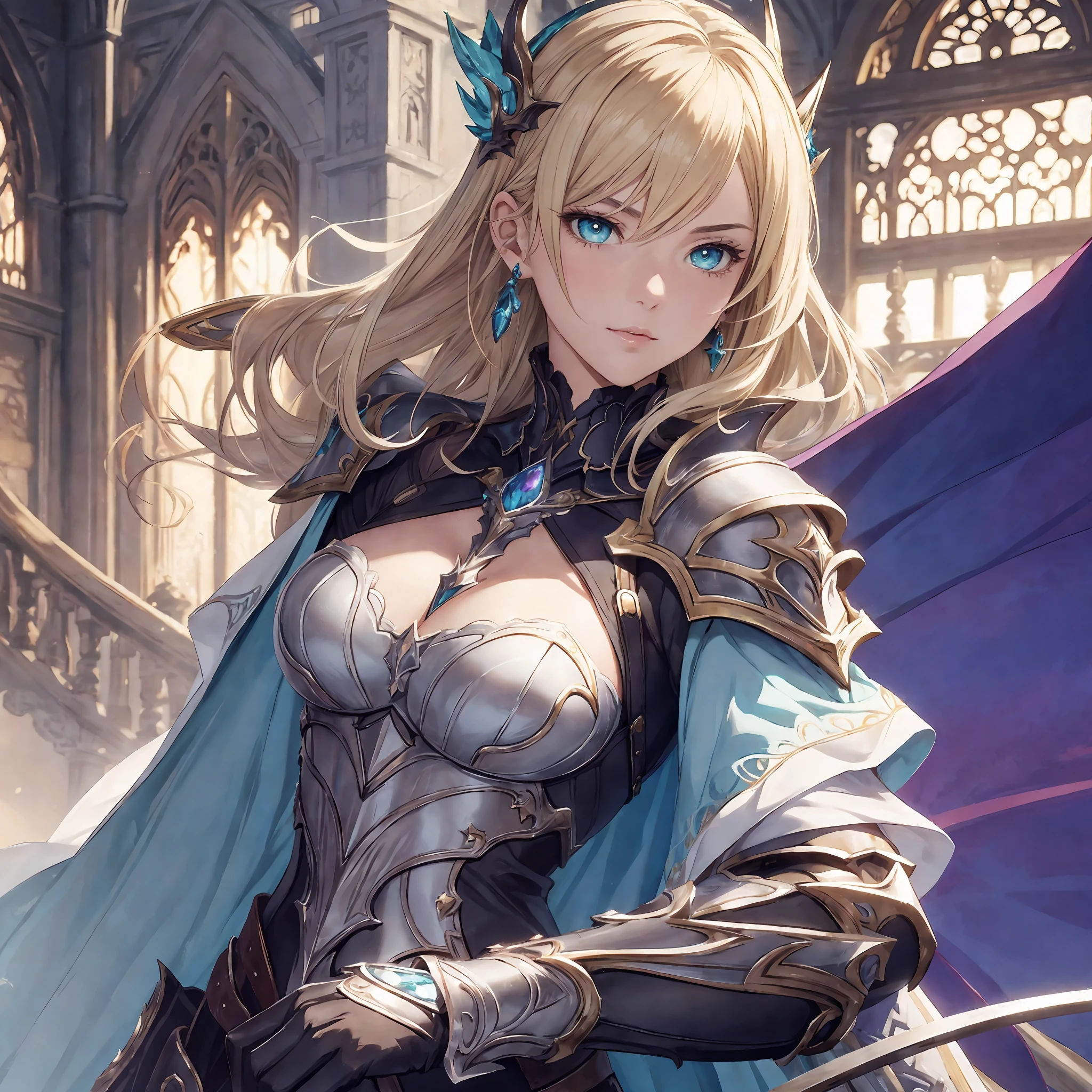 masterpiece, best quality, 1woman adult, older milf, female focus, solo, blonde hair, vibrant aqua eyes, medium hair with princess style, looking at viewer, cape, High quality metal texture, semi metal armor, closed mouth, upper body, bangs, high collar,(kbxll:0.6), Fantasy aesthetics, fantasy earring, Highly detailed, shadowverse character concept, shadowverse style