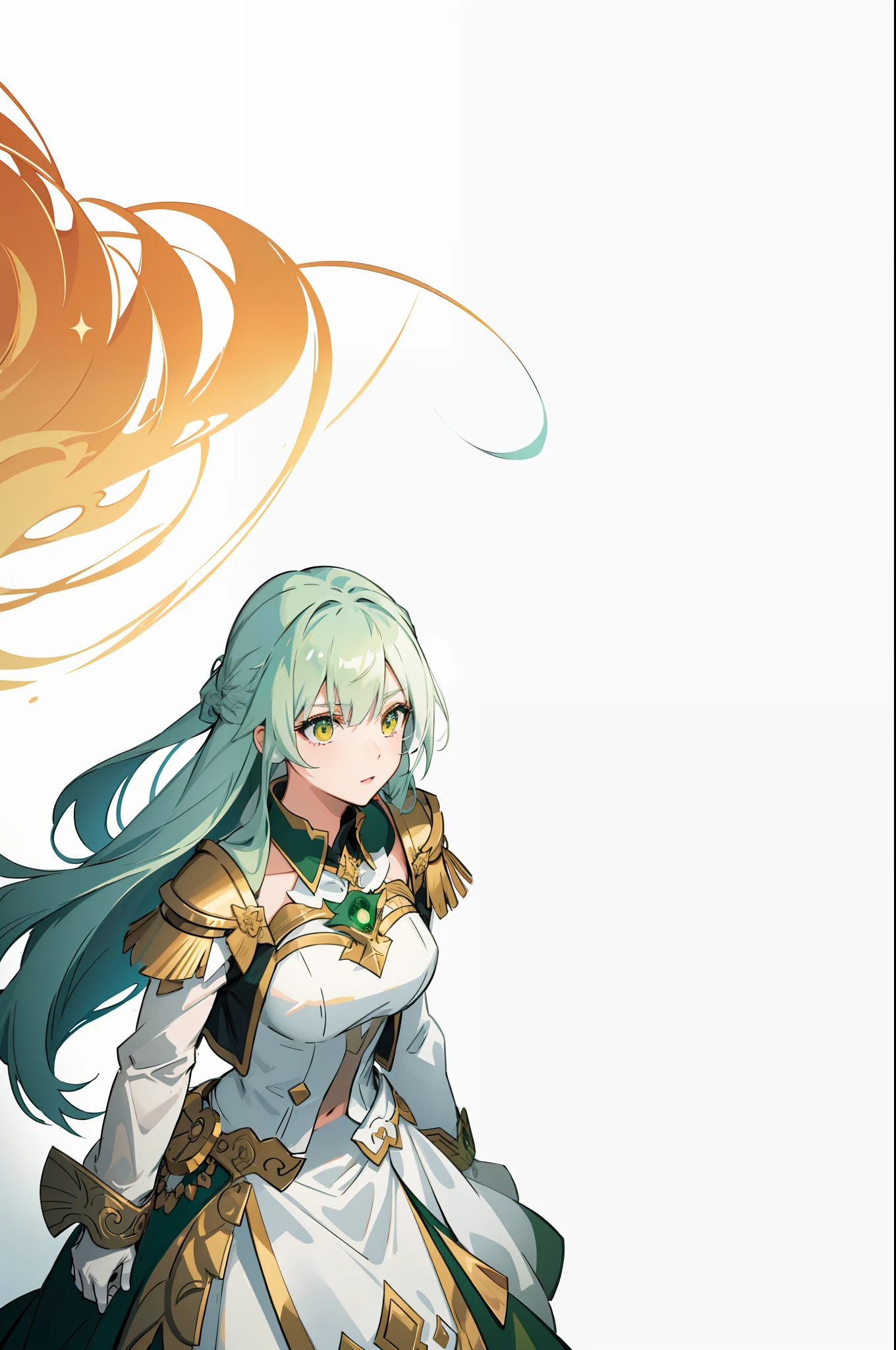Girl, green flowing hair, golden eyes, White Imperial Outfit, anime