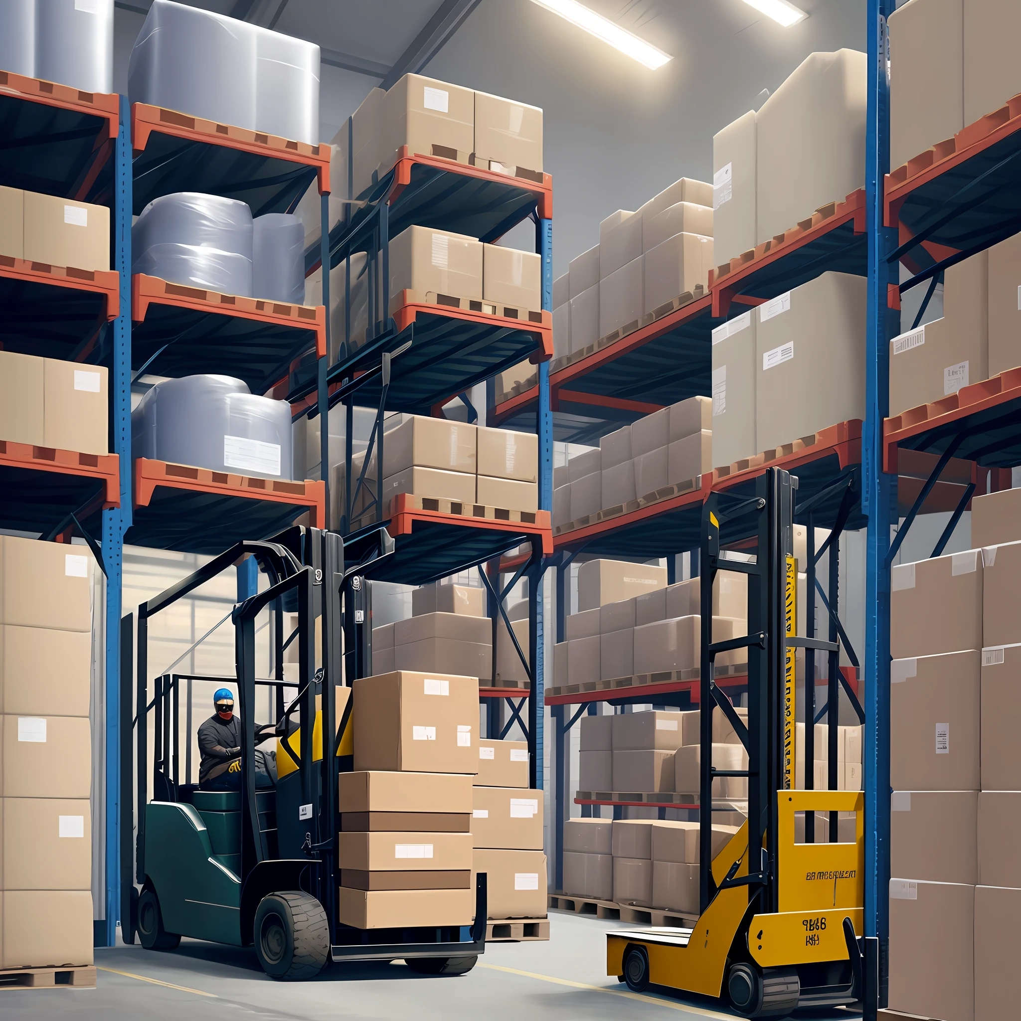 Stock area, pallet racks, forklifts being operated loading truck and removing pallets from the structure, a black, bald supervisor wearing glasses watching the operation