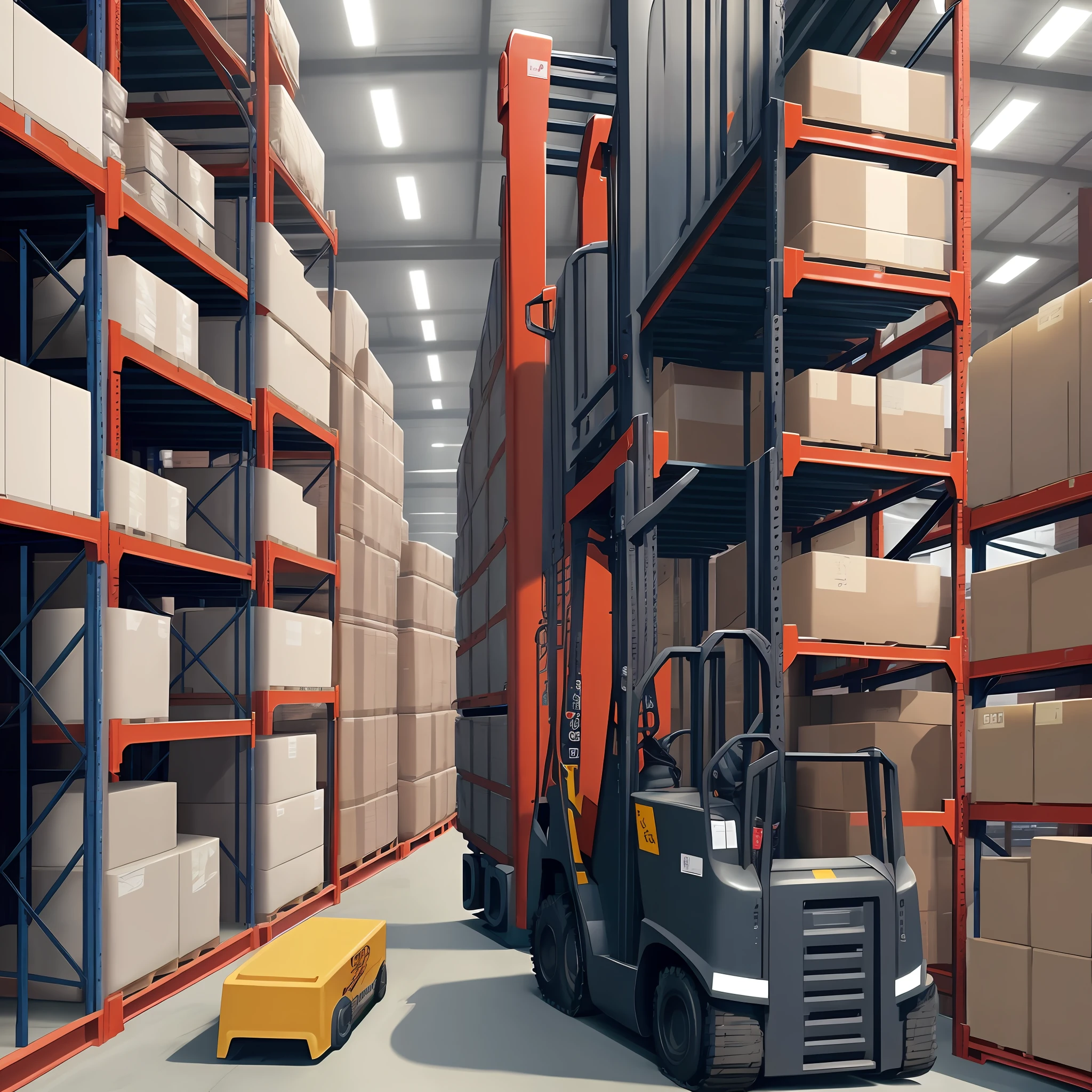 Stock area, pallet racks, forklifts being operated loading truck and removing pallets from the structure, a black, bald supervisor wearing glasses watching the operation