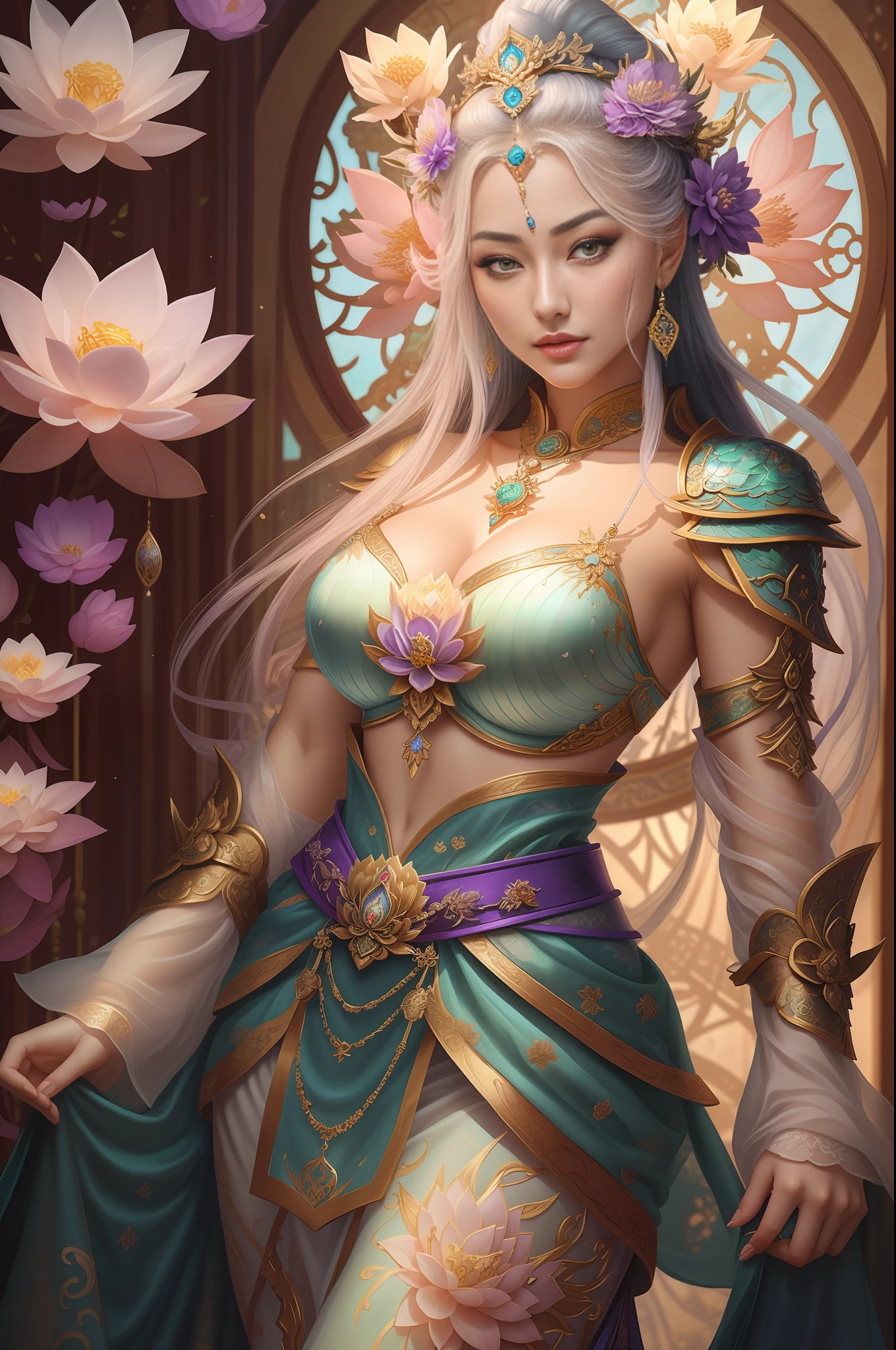 a close up of a woman in a sexy transparent white gold low-cut lace armor cleavage big breasts with a lotus flower in her hand, head jewelry, violet necklace, jade belt , toned abs, a beautiful fantasy empress, ((a beautiful fantasy empress)), beautiful celestial mage, beautiful character painting, full body xianxia, portrait knights of zodiac girl, by Yang J, g liulian art style, fantasy art style, foreshortening
